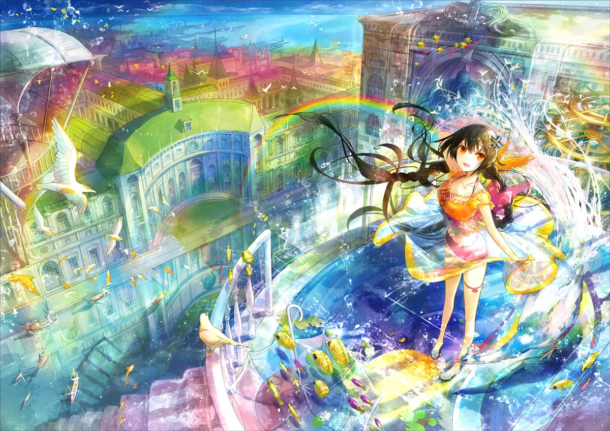 Anime 1200x848 anime anime girls original characters rainbows cityscape colorful long hair looking at viewer
