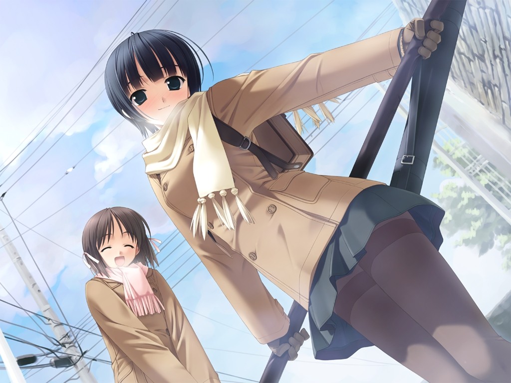 Anime 1024x768 winter school uniform schoolgirl anime girls two women looking at viewer urban women outdoors