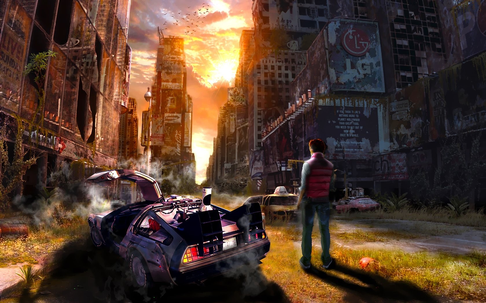 General 1680x1050 dystopian Back to the Future time travel car vehicle futuristic apocalyptic artwork DeLorean silver cars Time Machine cityscape New York City sunlight science fiction