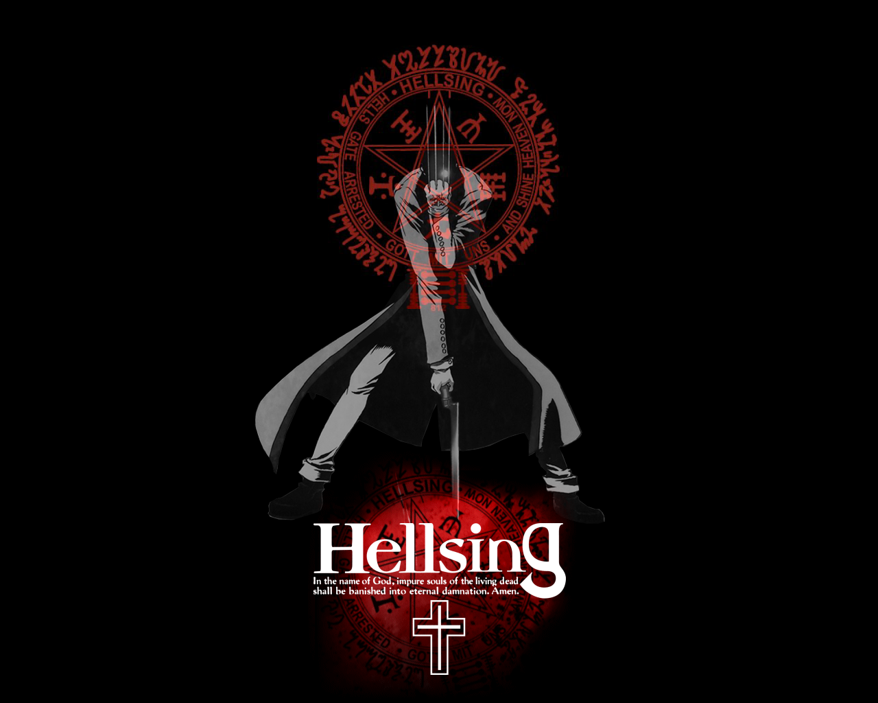 Anime 1280x1024 Hellsing bayonette priest cross anime simple background black background
