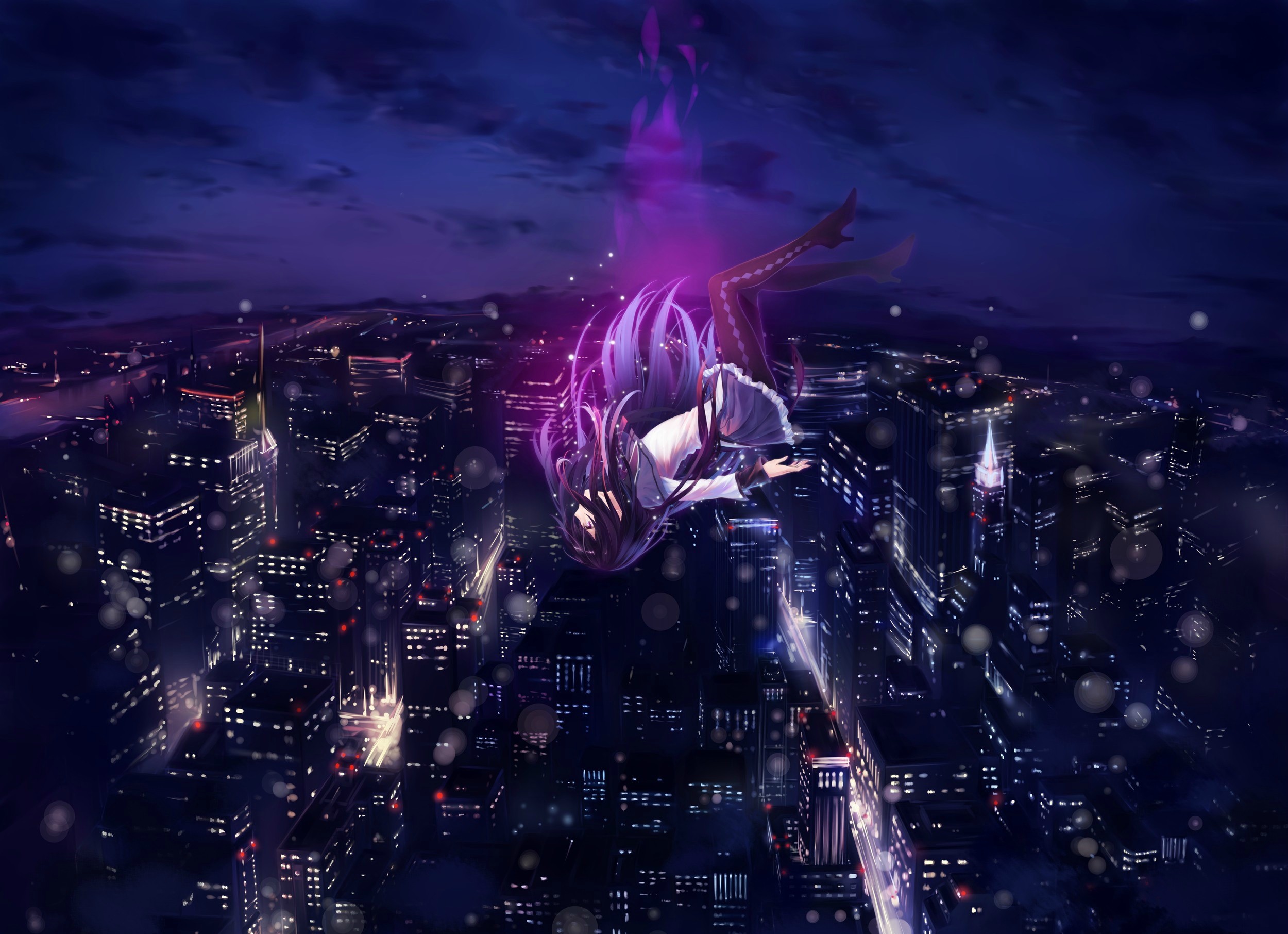 Anime 2500x1812 anime anime girls Mahou Shoujo Madoka Magica Homura Akemi falling cityscape dark night sky