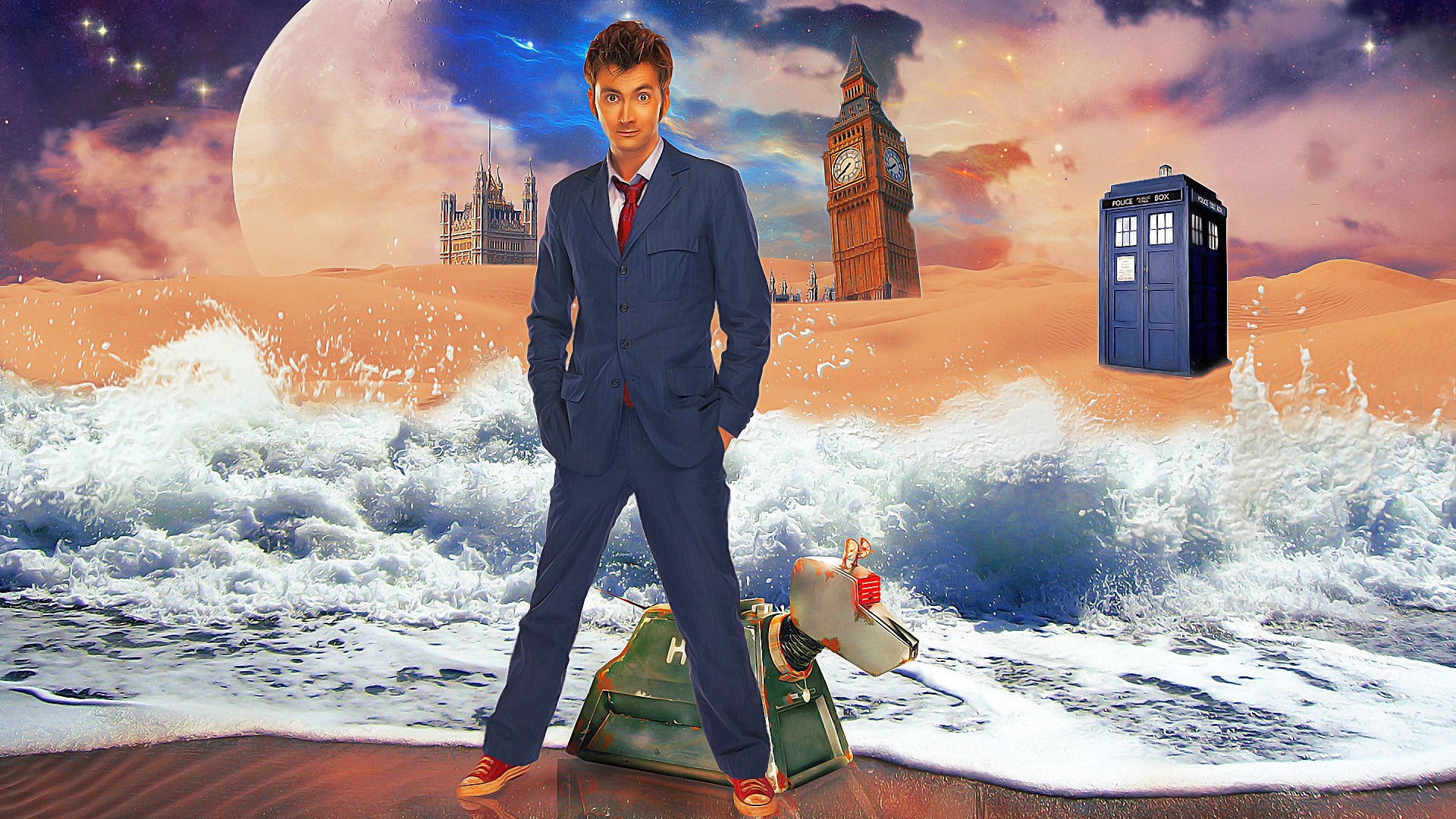 General 1920x1080 Doctor Who The Doctor TARDIS David Tennant Tenth Doctor TV series Science Fiction Men suits tie looking at viewer digital art science fiction water waves men standing phone box