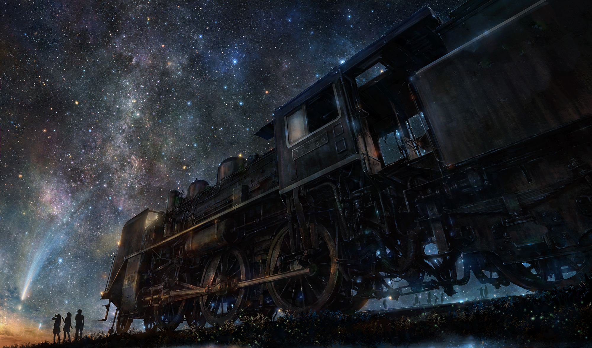 Anime 2000x1178 train artwork stars railway sky group of people digital art fantasy art space anime night starry night