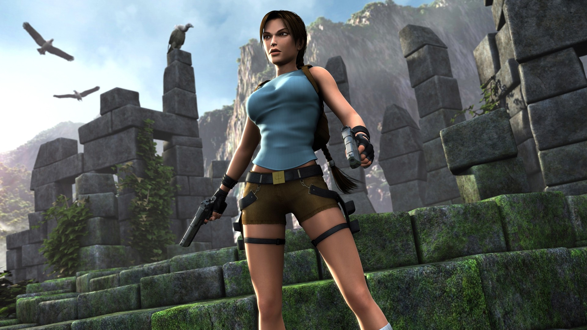 General 1920x1080 women Tomb Raider: Legend video games Tomb Raider: Anniversary girls with guns gun weapon video game art video game characters PC gaming standing brunette boobs birds video game girls Lara Croft (Tomb Raider)