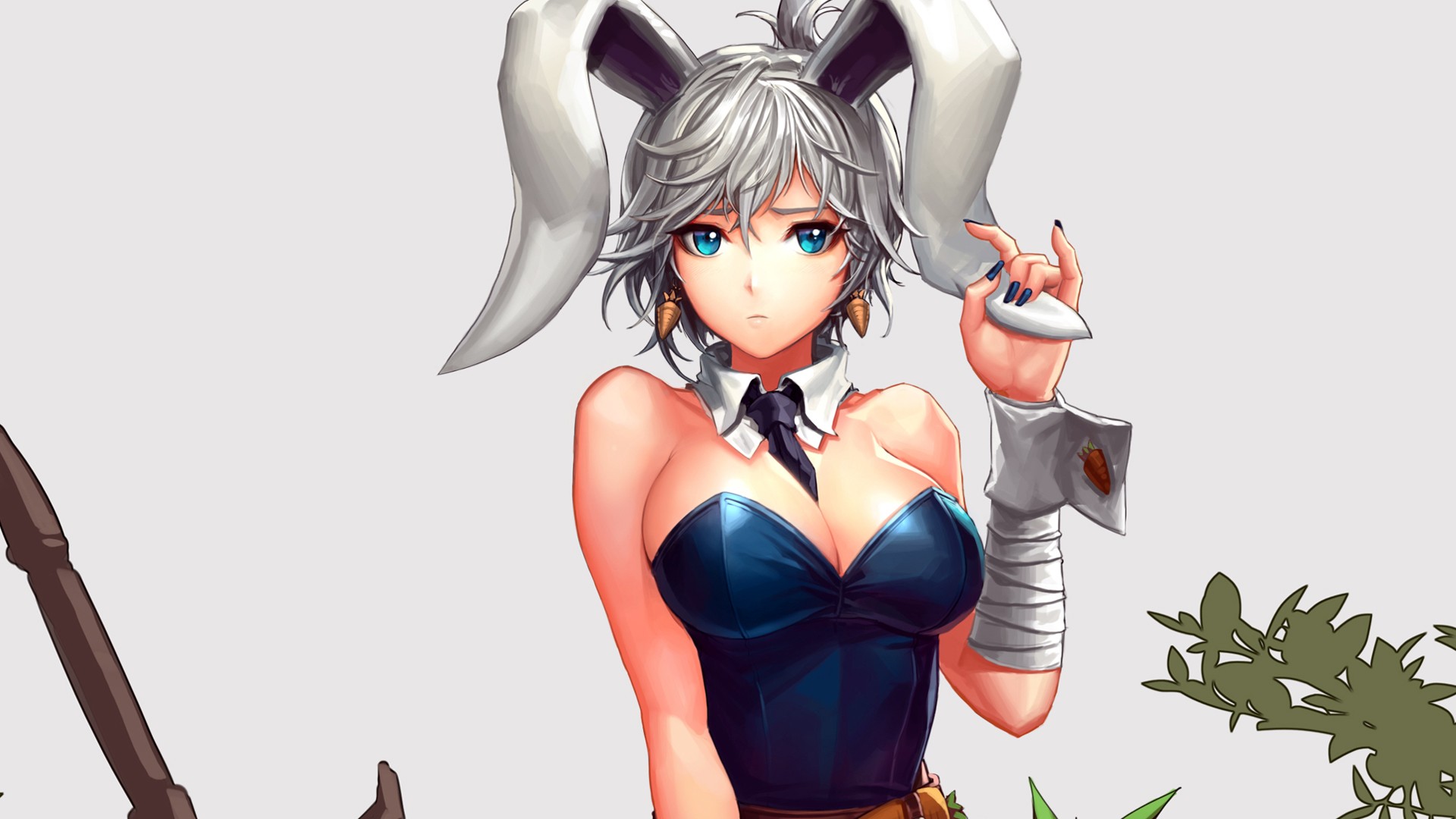 Anime 1920x1080 League of Legends Riven (League of Legends) PC gaming bunny ears boobs blue eyes anime girls anime video game girls bunny girl blue nails painted nails looking at viewer white background