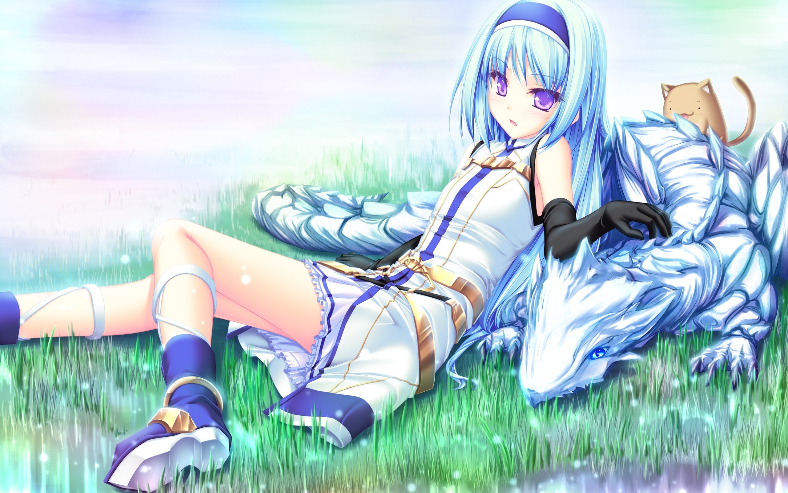 Anime 2560x1600 anime girls dragon anime blue hair purple eyes grass legs cyan hair long hair women outdoors