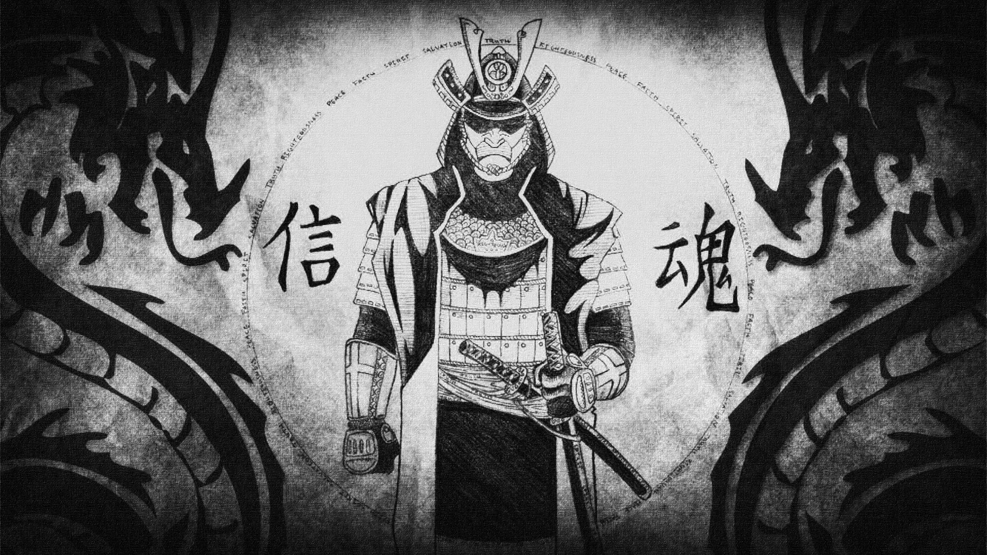 General 1920x1080 samurai Japan dragon fantasy men monochrome fantasy art gray Chinese dragon