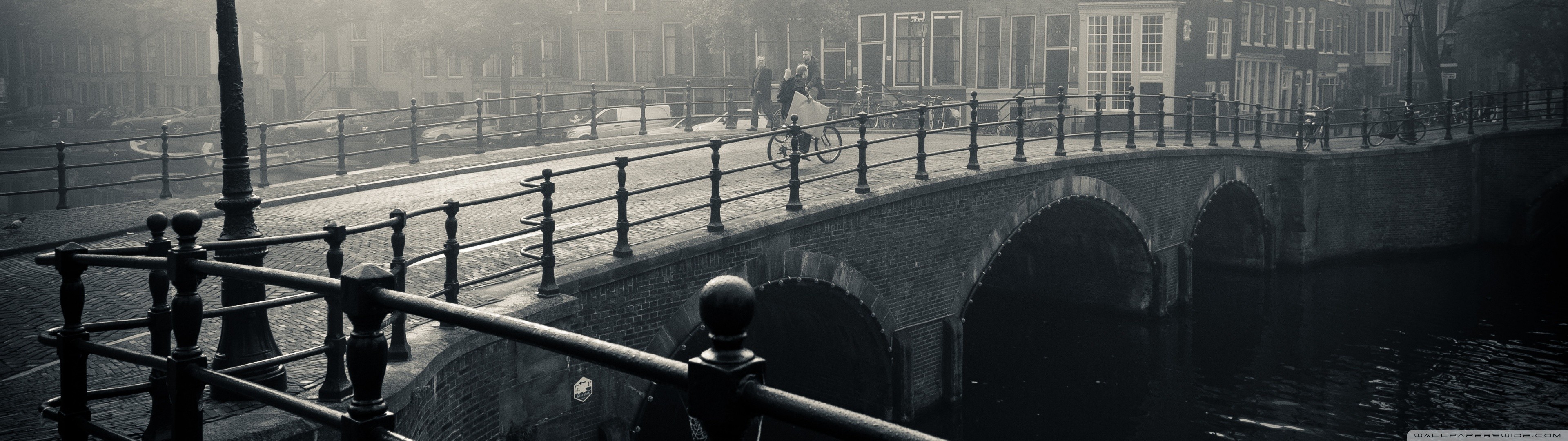 General 3840x1080 multiple display Netherlands monochrome bridge Amsterdam city urban
