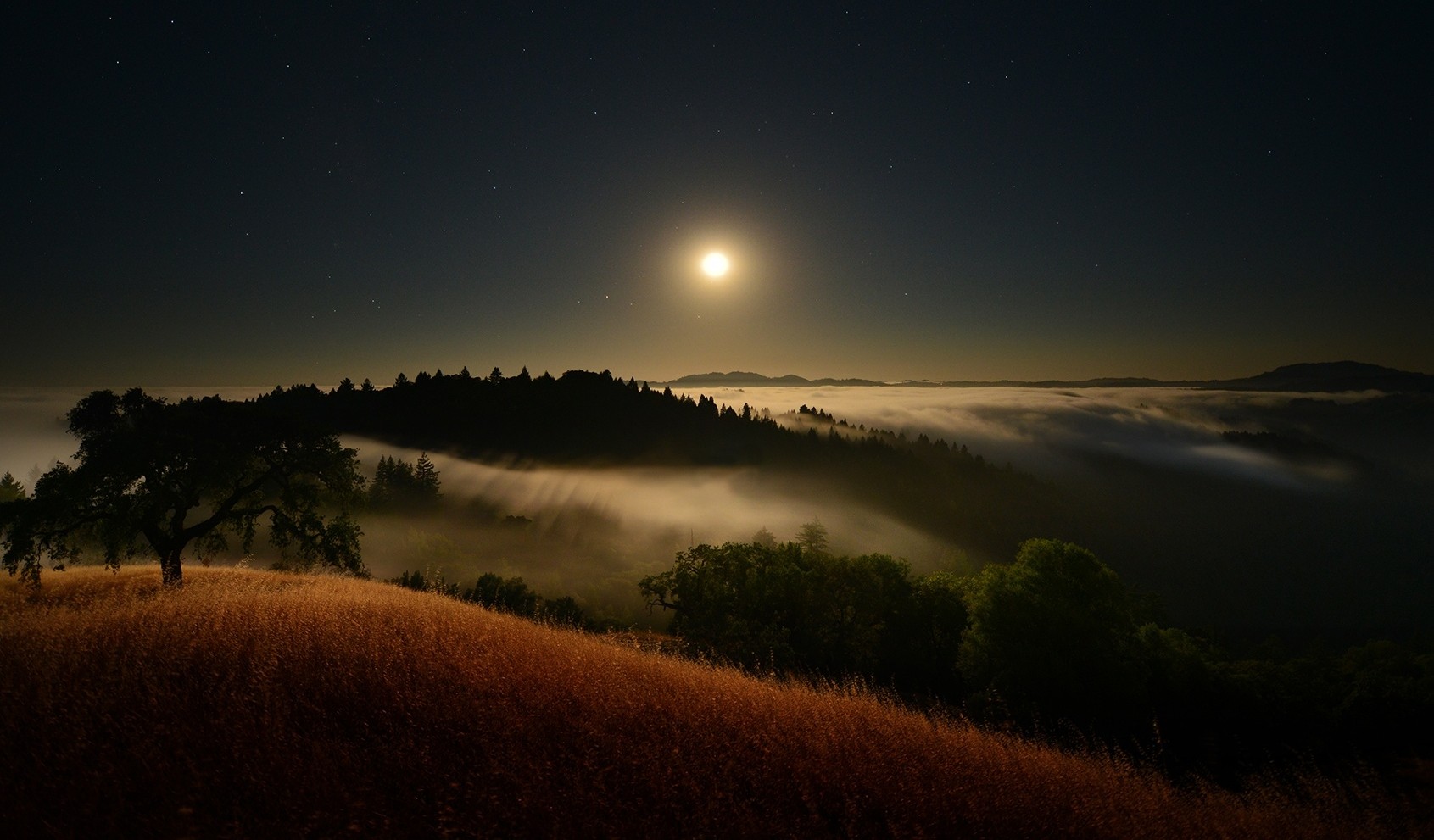 General 1691x991 Moon moonlight starry night mist hills clouds trees grass valley nature landscape