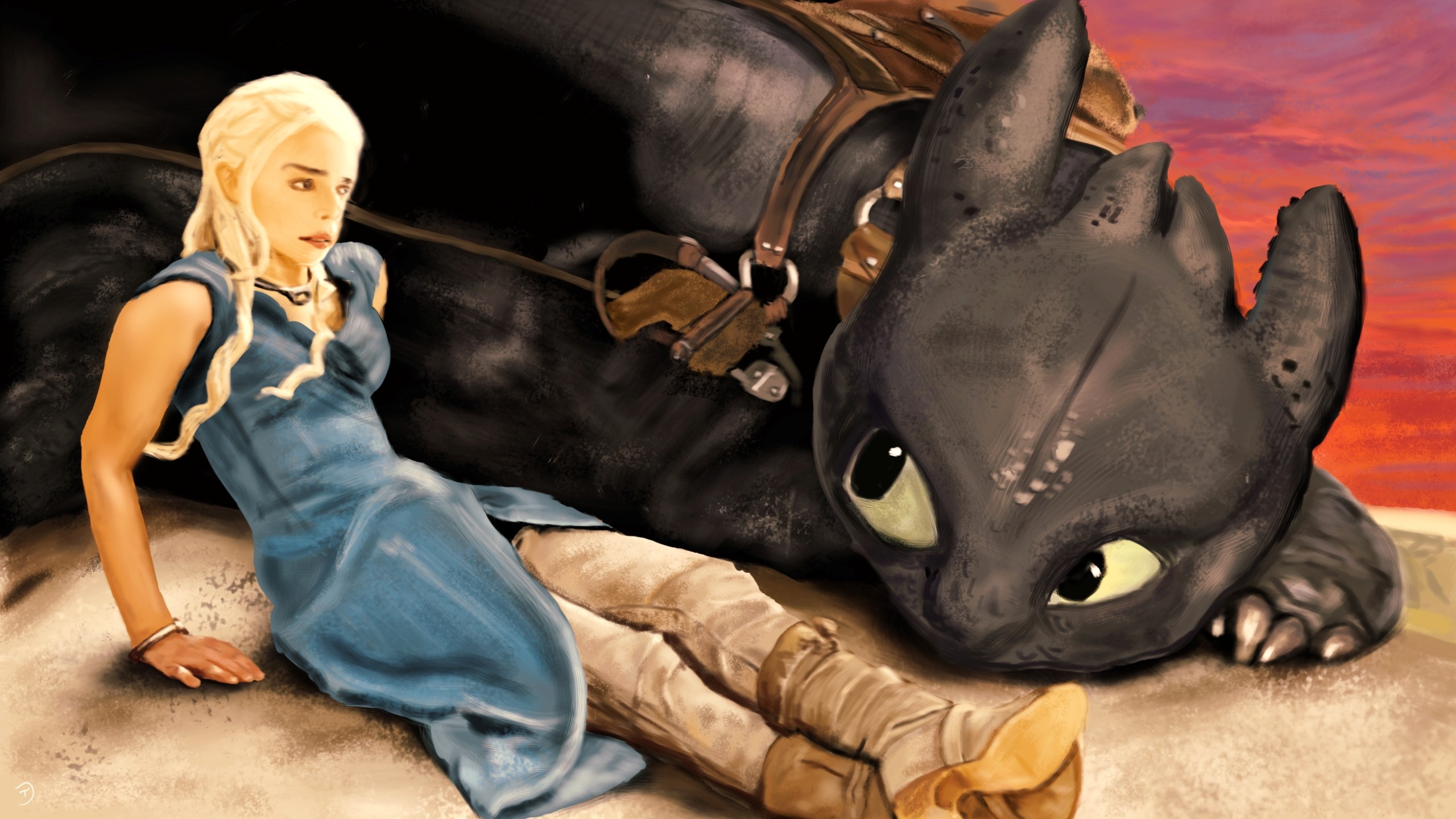 General 2560x1440 Daenerys Targaryen Game of Thrones How to Train Your Dragon fan art Toothless movie characters digital art
