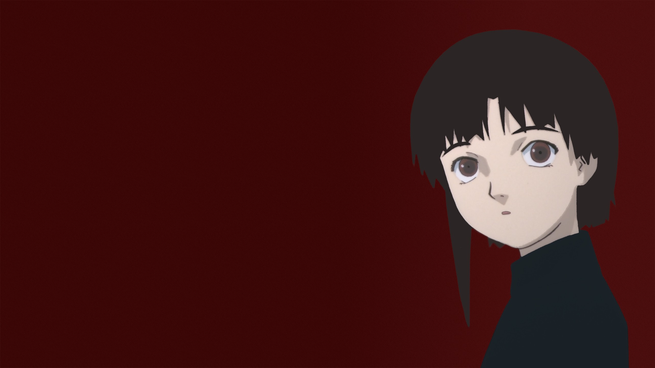 Anime 2560x1440 anime girls anime red background brown eyes dark hair simple background Serial Experiments Lain Lain Iwakura looking at viewer