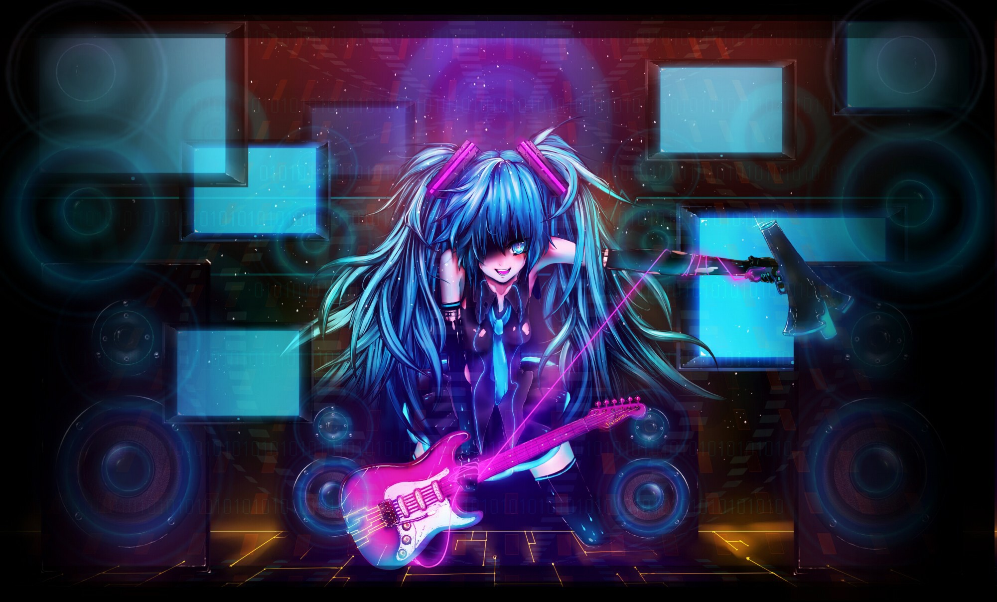 Anime 2001x1208 Hatsune Miku Vocaloid anime girls anime guitar musical instrument tie blue hair long hair music hair in face megaphones