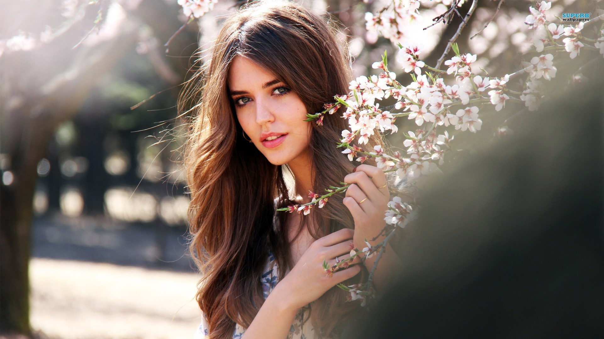 People 1920x1080 Clara Alonso women brunette long hair face nature water looking at viewer flowers plants women outdoors outdoors Spanish women