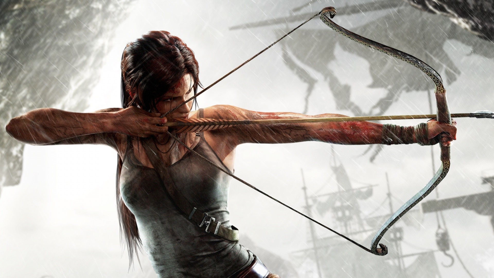 General 1920x1080 video games Tomb Raider bow and arrow brunette rain tank top Lara Croft (Tomb Raider) Tomb Raider (2013) aiming video game girls blood video game characters