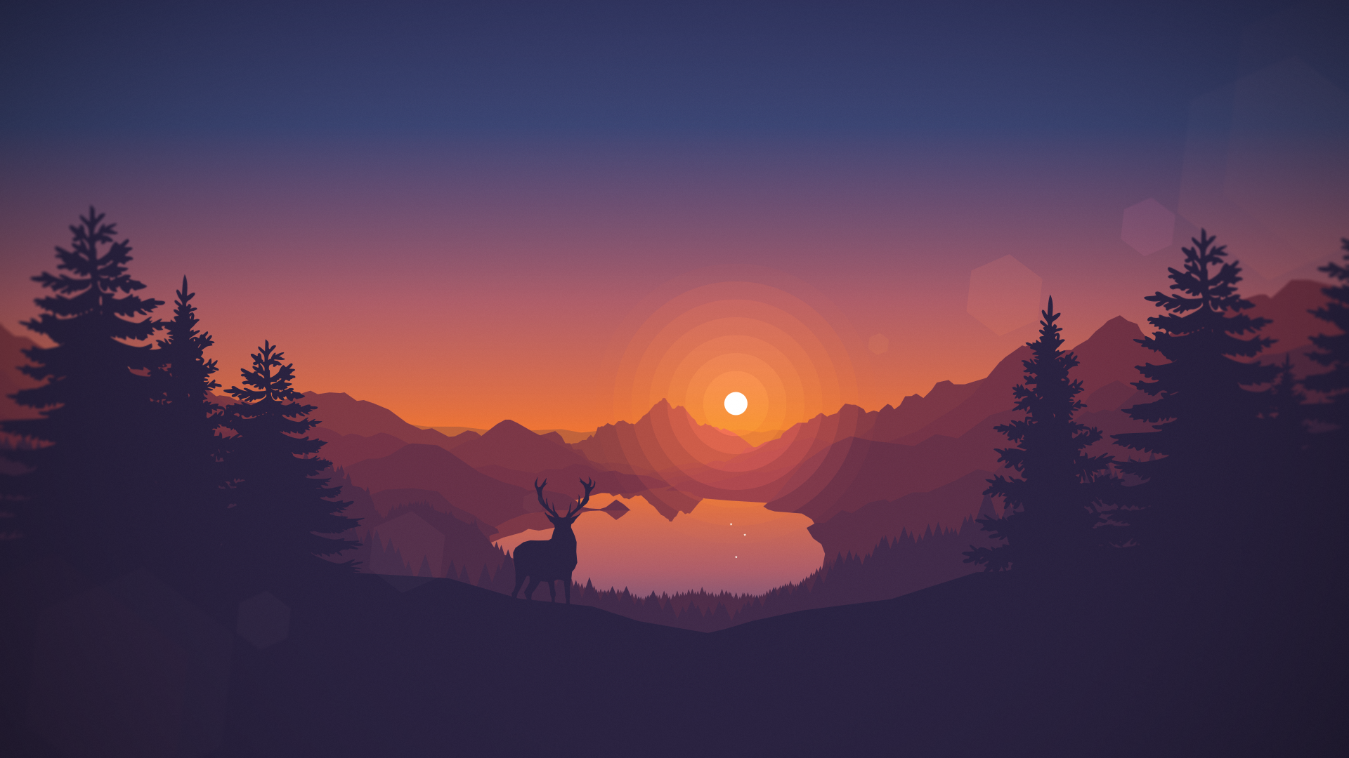 General 1920x1080 deer artwork silhouette landscape nature digital art trees pine trees sunset lake hills animals clear sky Firewatch video games drawing video game art