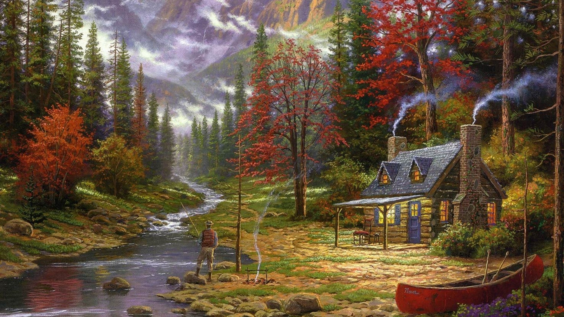 General 1920x1080 painting cottage canoes river fishing forest chimneys Thomas Kinkade