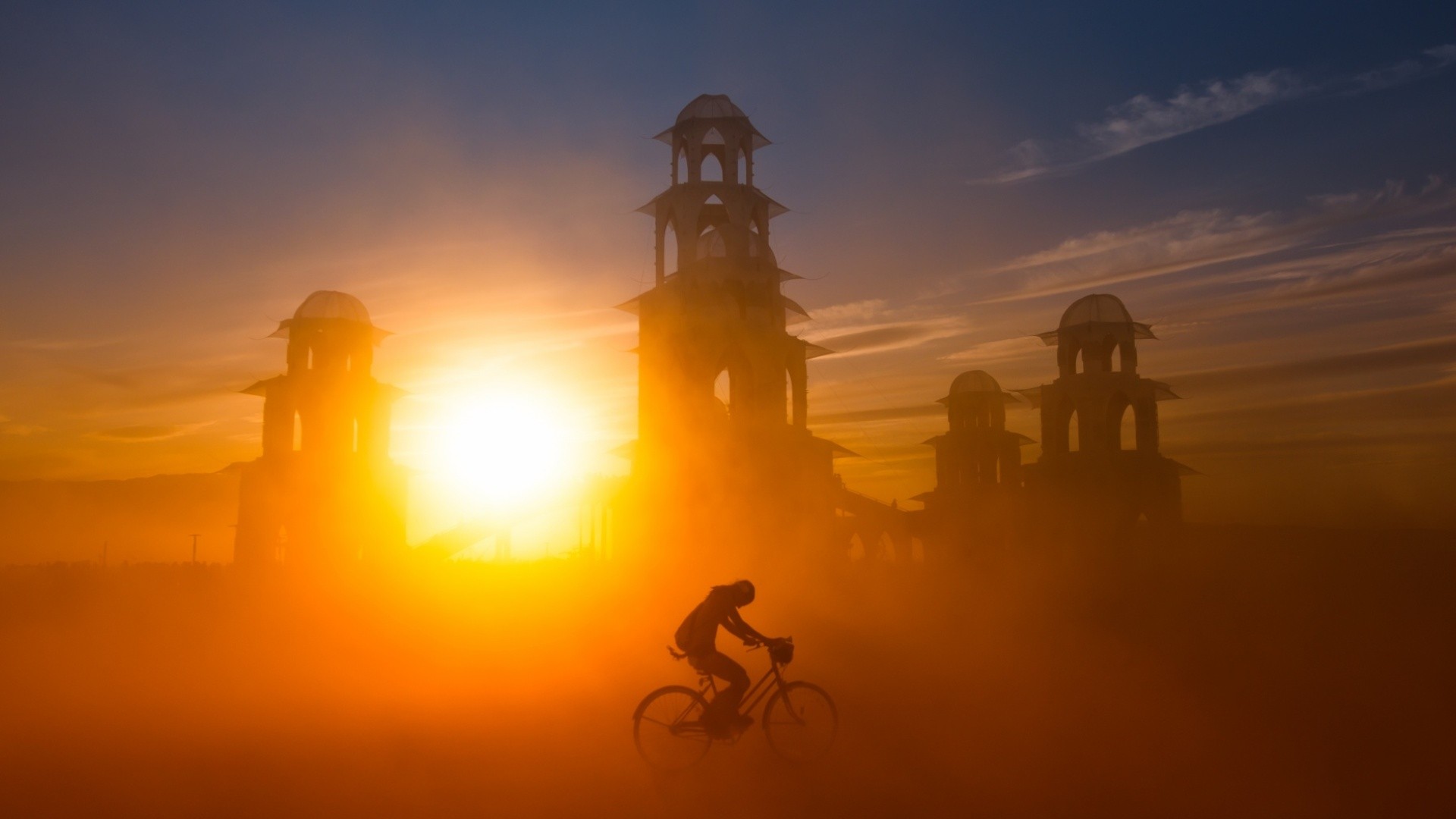 General 1920x1080 nature architecture bicycle Sun sunlight clouds building Burning Man