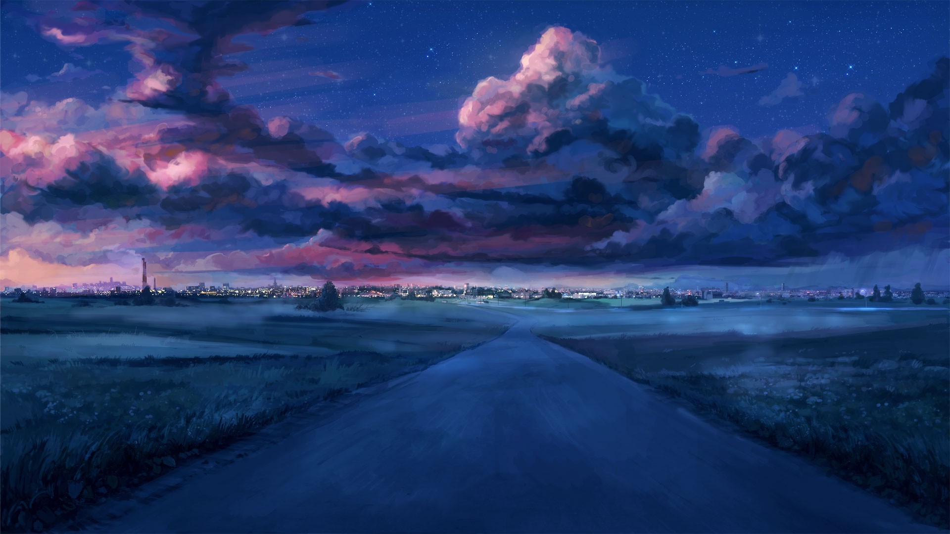 Anime 1920x1080 cityscape clouds sunset starry night Everlasting Summer (visual novel) calm road field artwork blue city lights landscape sky anime