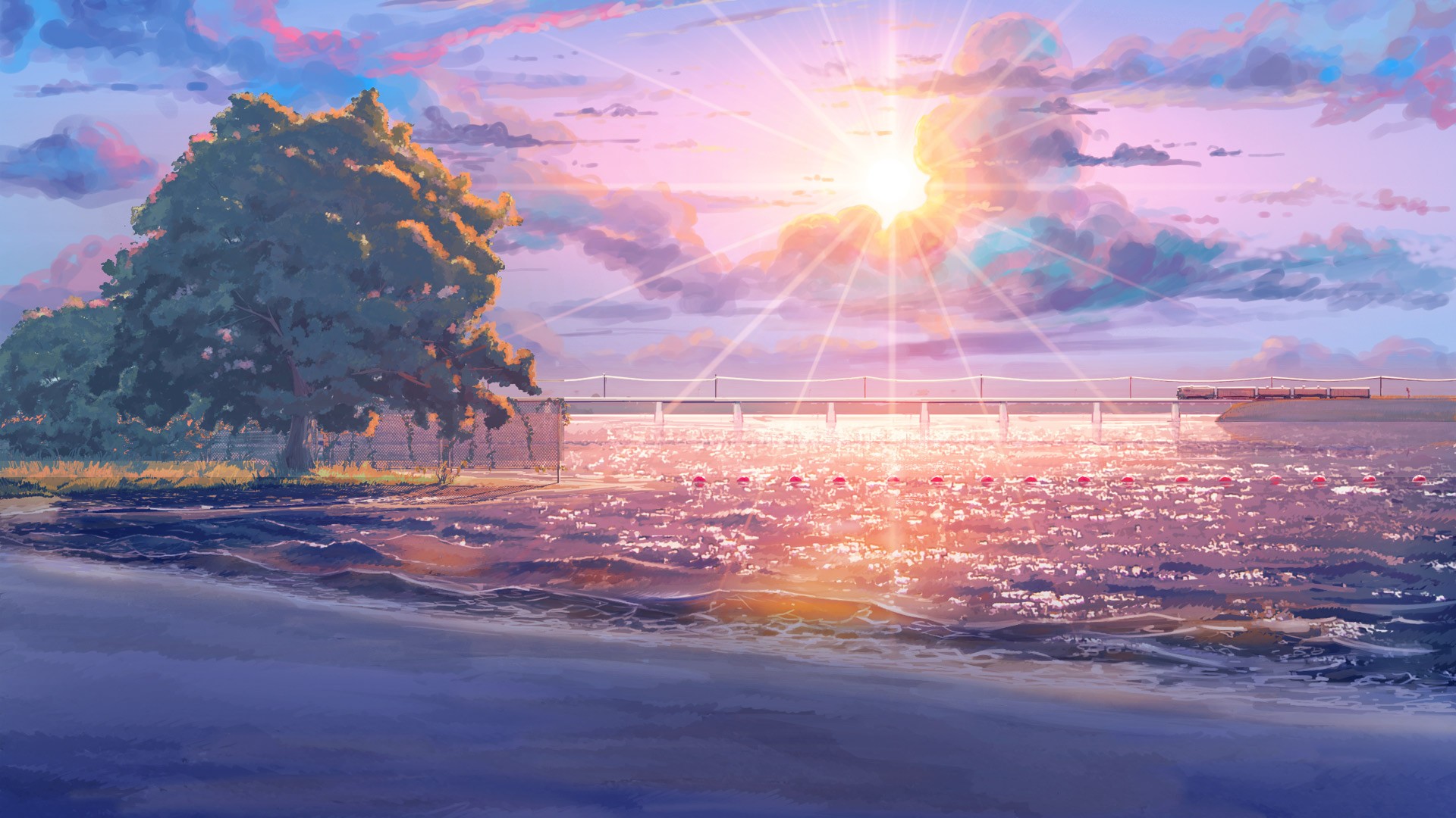 Anime 1920x1080 ArseniXC Everlasting Summer (visual novel) sunset beach train clouds sun rays ocean view anime water sky sunlight