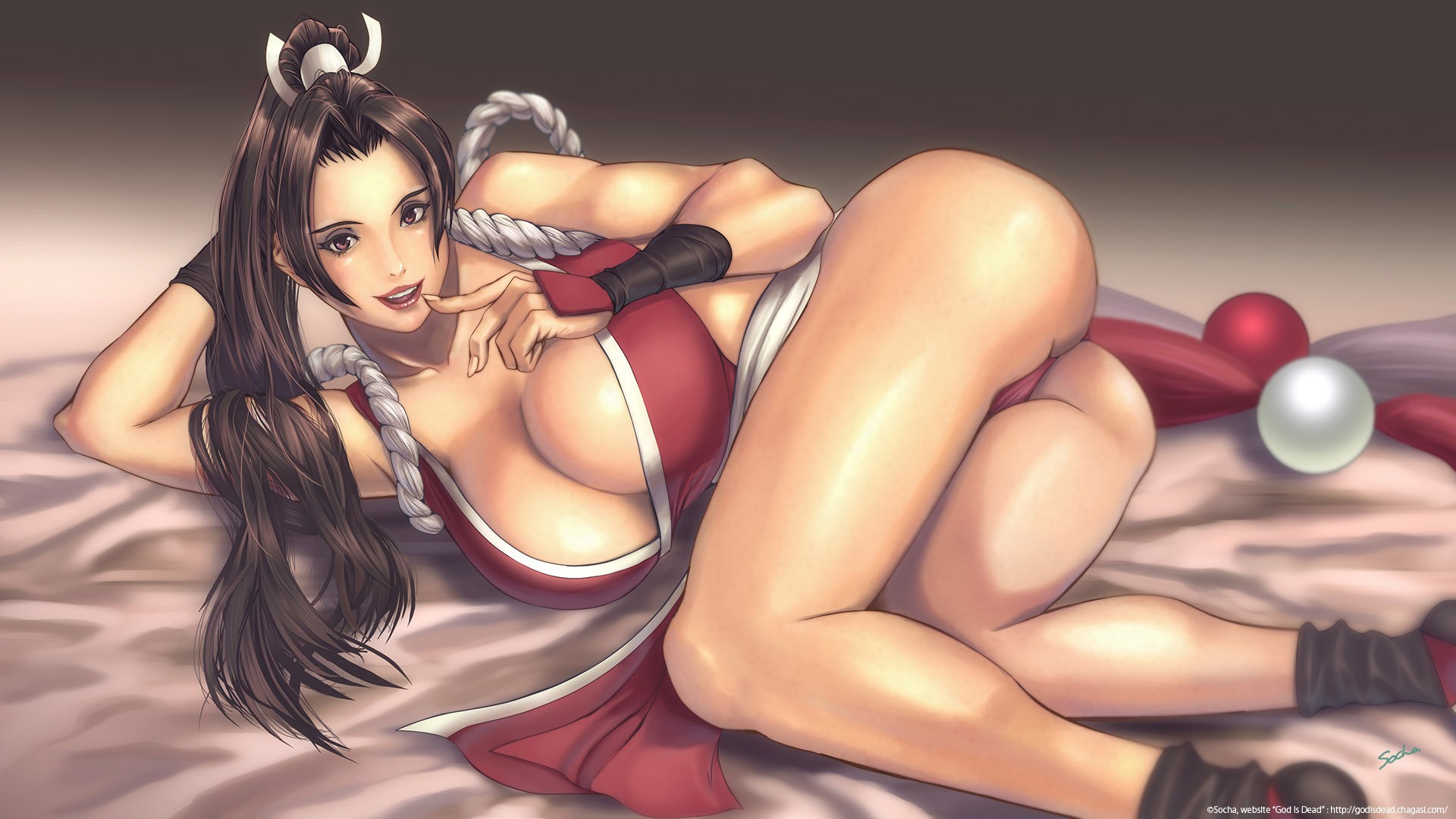 Anime 1920x1080 King of Fighters Mai Shiranui ass ponytail cleavage curvy brunette