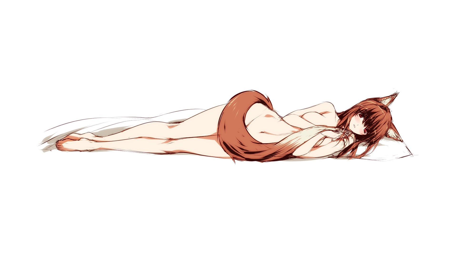 Anime 1920x1080 anime strategic covering white background animal ears lying down redhead Holo (Spice and Wolf) Spice and Wolf anime girls boobs legs together long hair simple background barefoot wolf girls nude