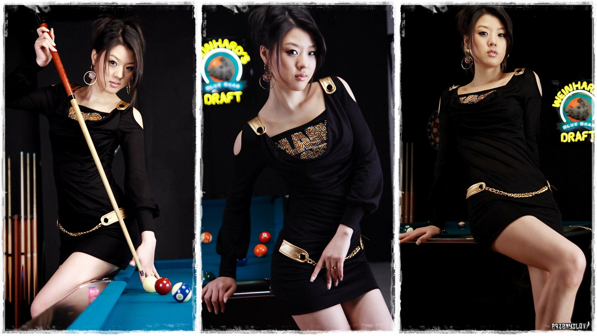 People 1920x1080 women brunette model collage miniskirt Hwang Mi Hee black dress Korean Korean women billiard balls dark hair women indoors indoors looking at viewer Asian