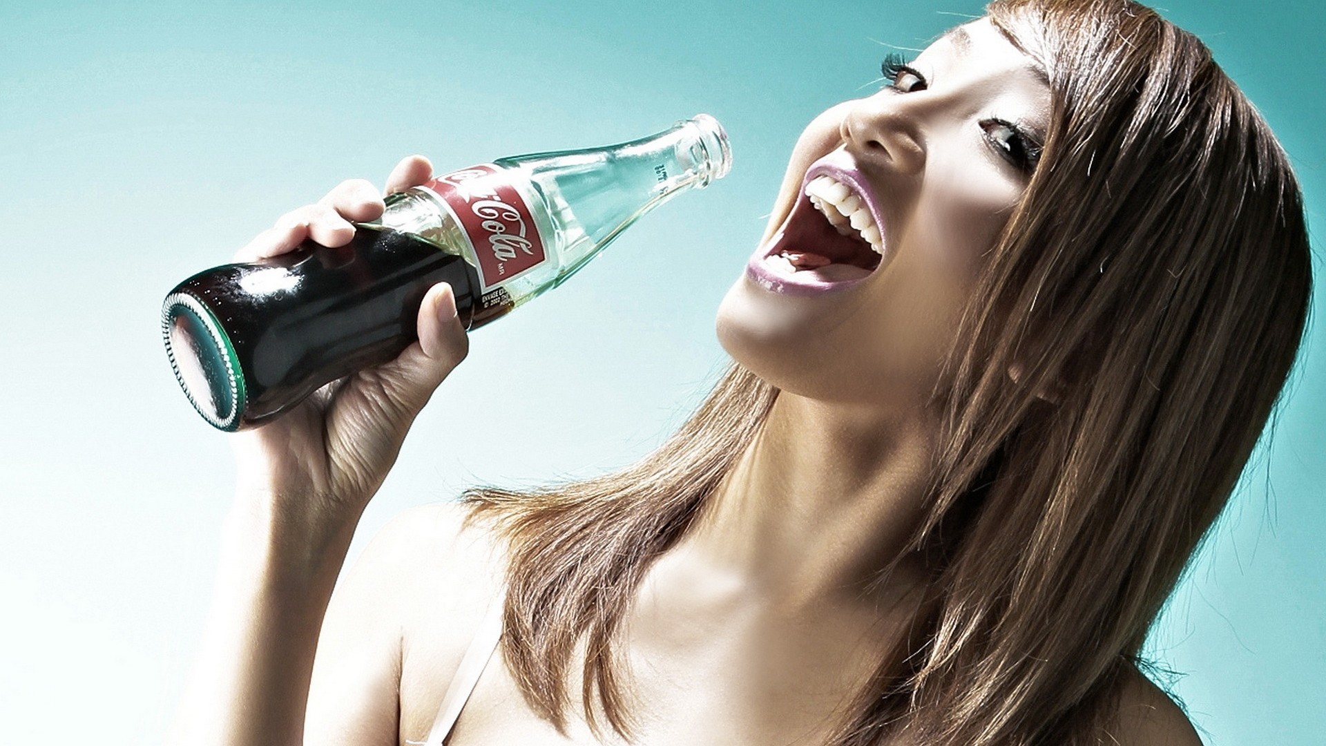 People 1920x1080 Coca-Cola women Asian Product Placement brand open mouth model blue background gradient brunette looking at viewer advertisements bottles