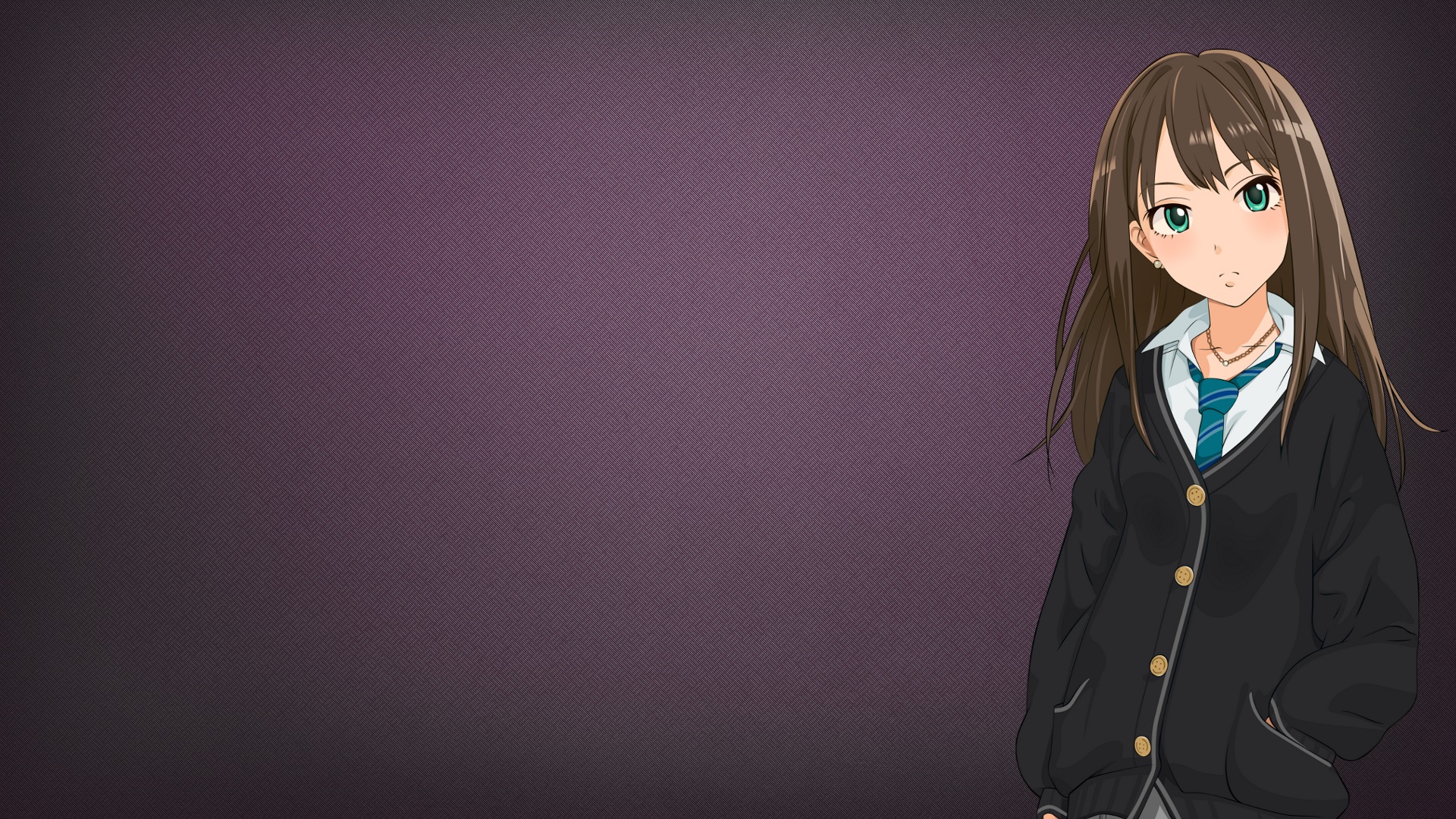 Anime 1920x1080 anime girls anime simple background Shibuya Rin THE iDOLM@STER: Cinderella Girls green eyes tie brunette purple background standing looking at viewer