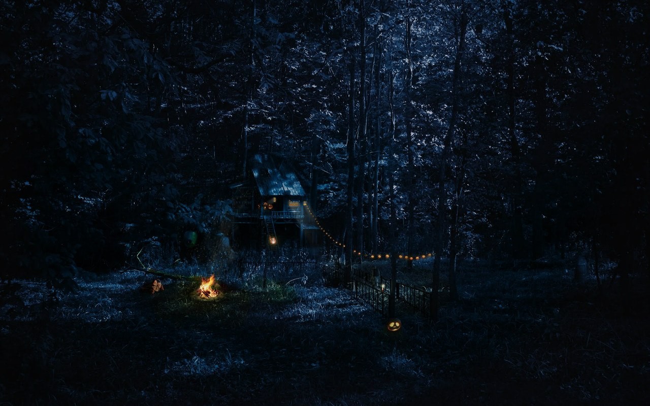 General 1280x800 cabin night forest Jack O' Lantern dark Halloween campfire moonlight artwork deep forest