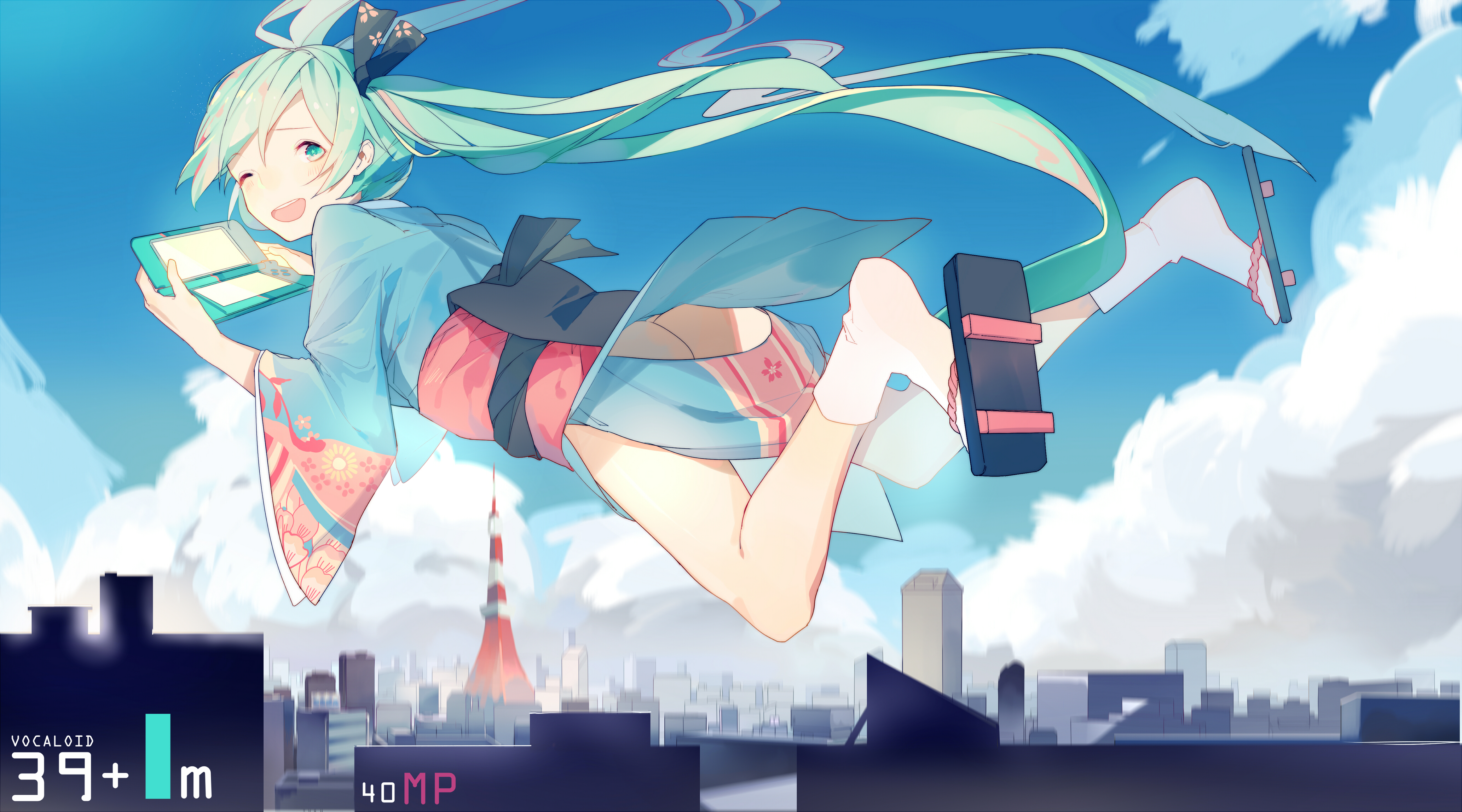 Anime 4133x2296 Vocaloid Hatsune Miku kimono twintails anime girls anime numbers sky blue hair open mouth gamer long hair blue eyes cityscape