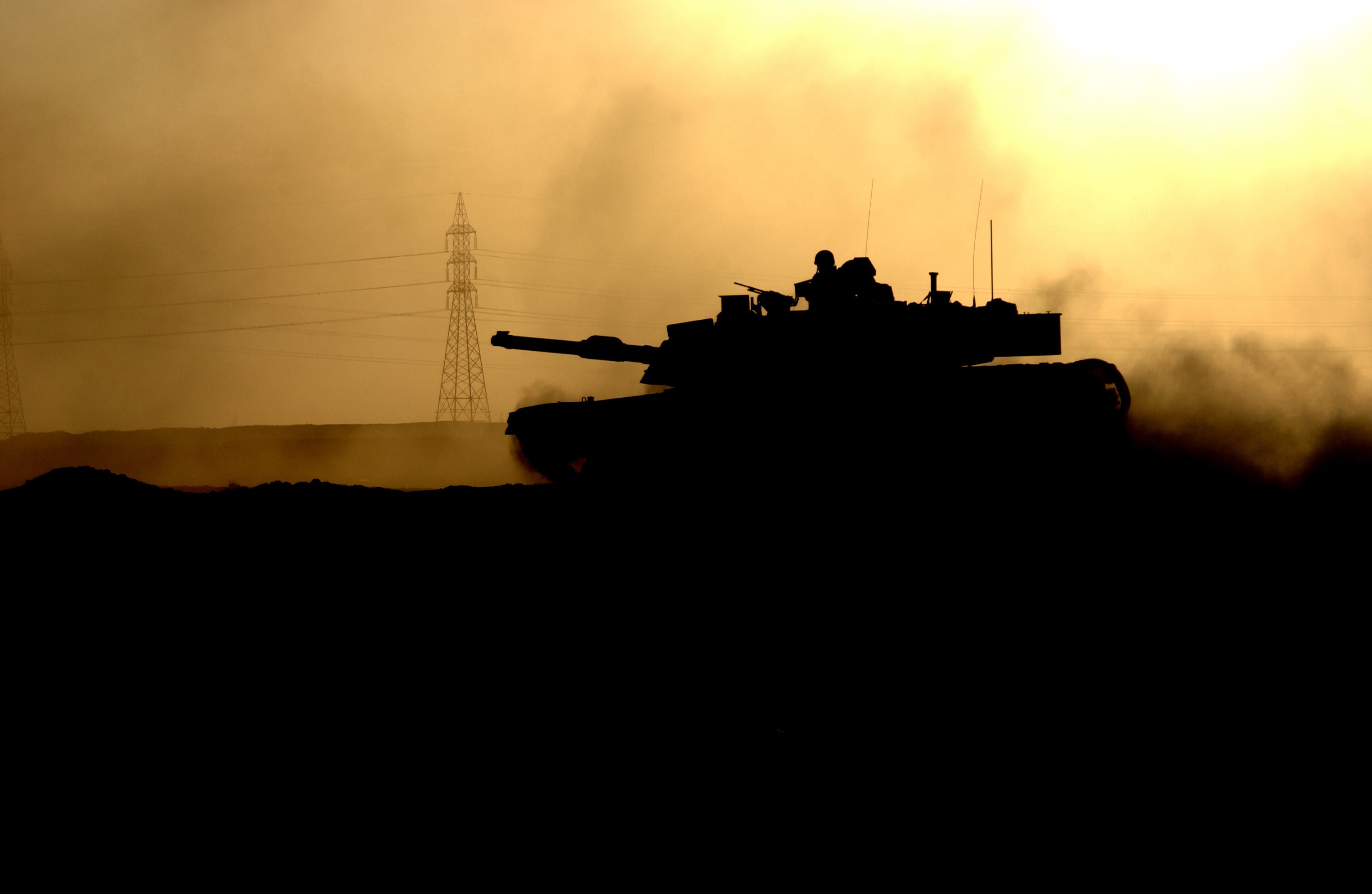 General 3008x1960 tank silhouette military power lines soldier M1 Abrams vehicle dark military vehicle dust Dust cloud American tanks