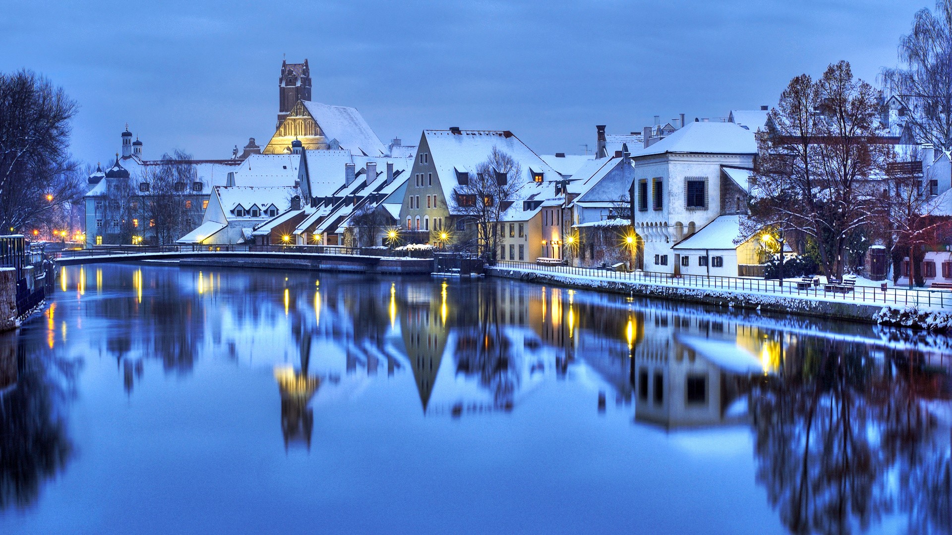General 1920x1080 city cityscape winter house river snow calm town reflection evening blue bridge tower water idyllic
