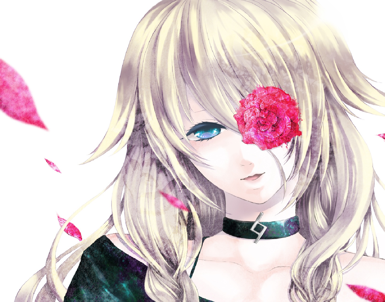 Anime 1600x1256 rose anime girls Vocaloid IA (Vocaloid) anime flowers face blue eyes choker simple background white background leaves long hair