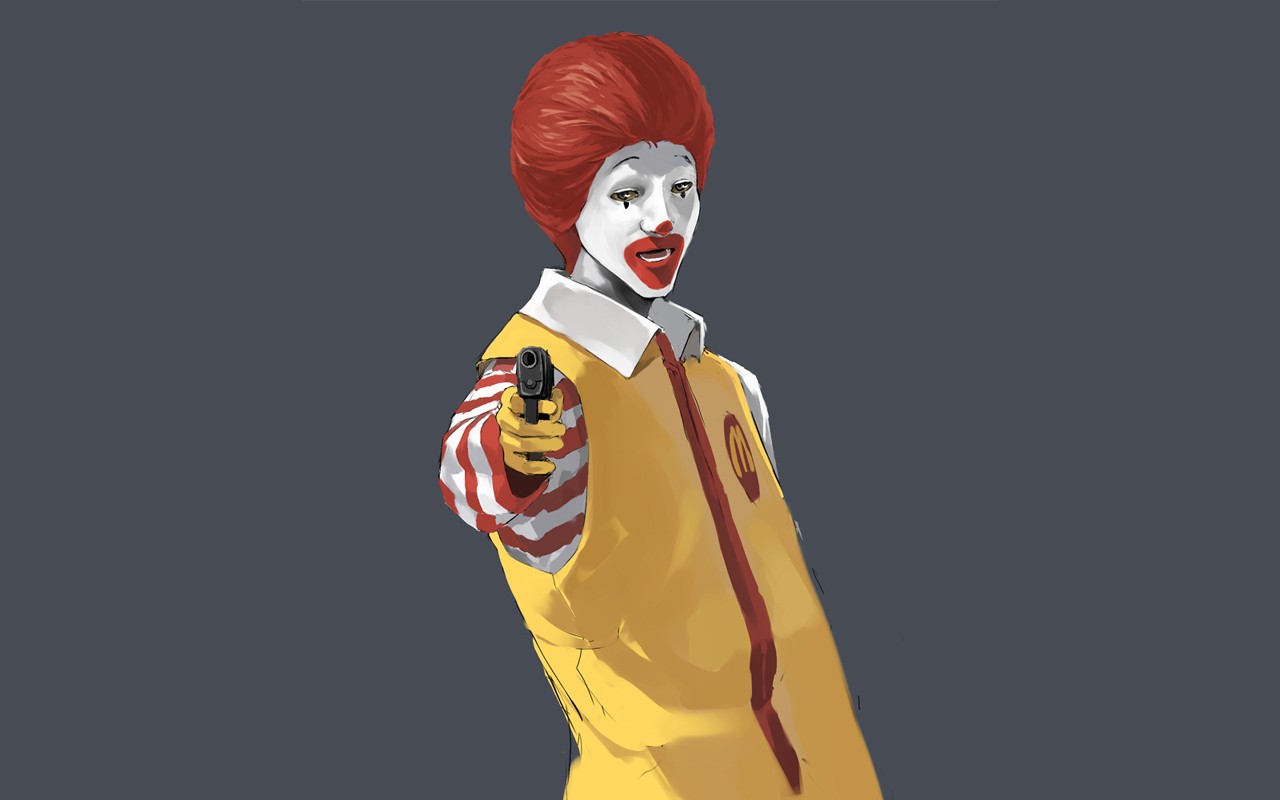 General 1280x800 McDonald's gun Ronald McDonald dark humor simple background redhead clown looking at viewer pistol at gunpoint