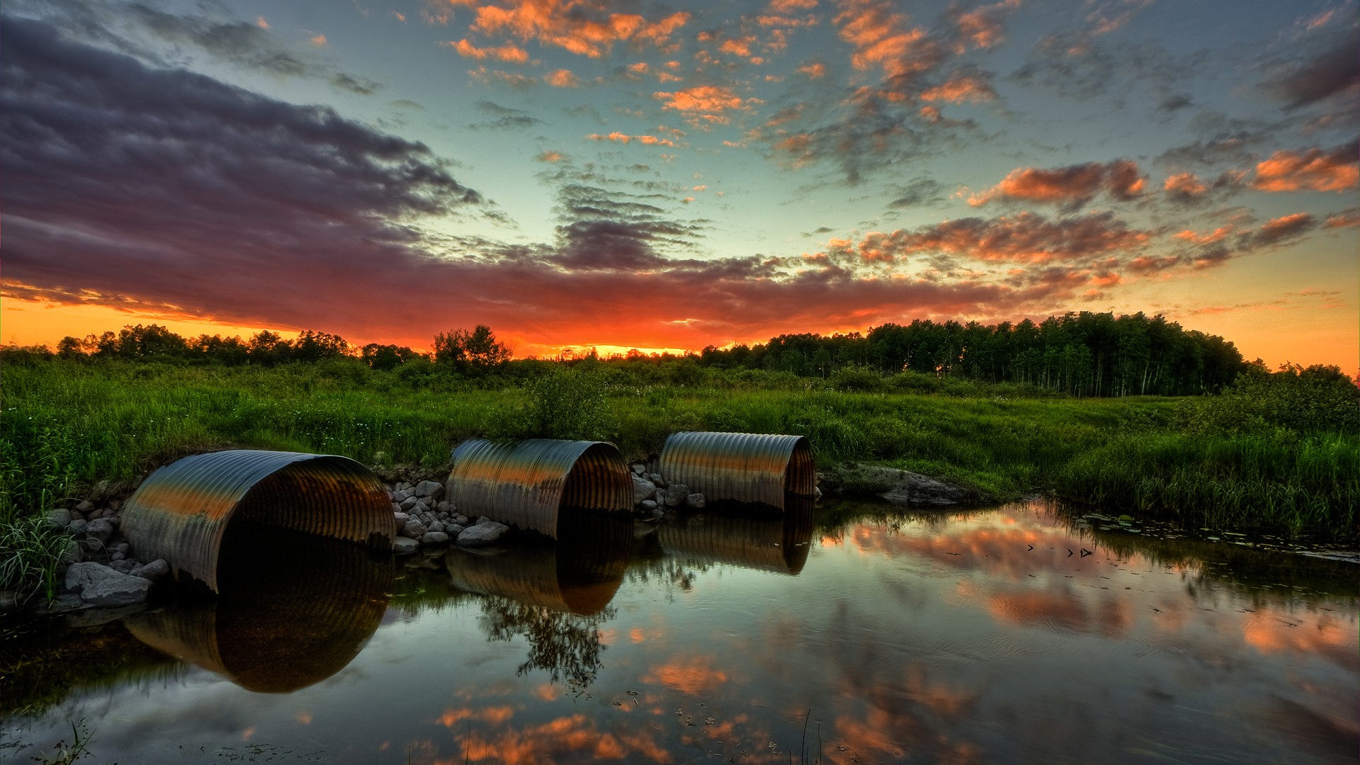 General 1920x1080 landscape nature sky clouds water reflection pipes