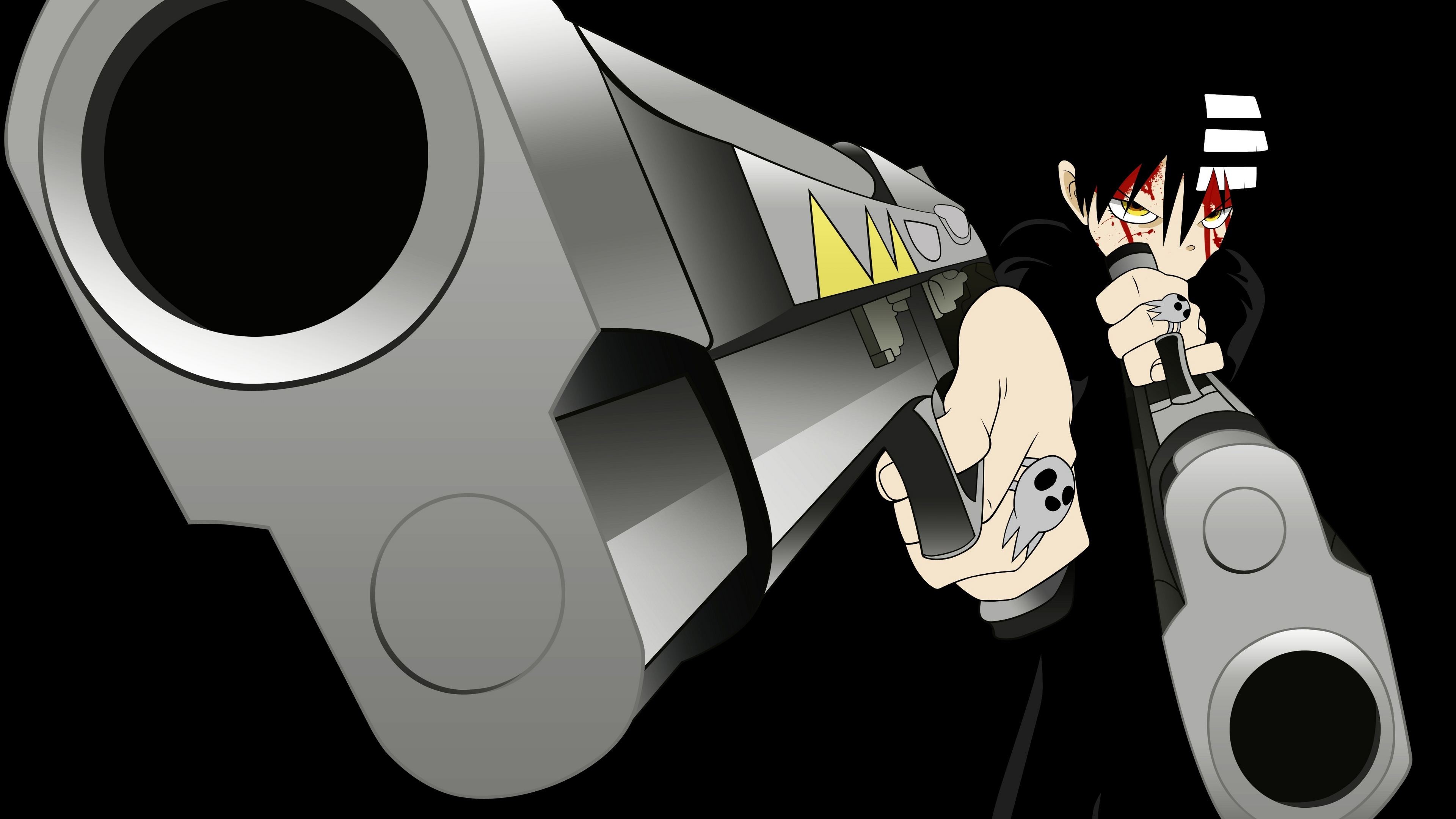 Anime 3840x2160 anime Soul Eater Not! gun Death The Kid aiming blood weapon anime boys yellow eyes black background dual wield
