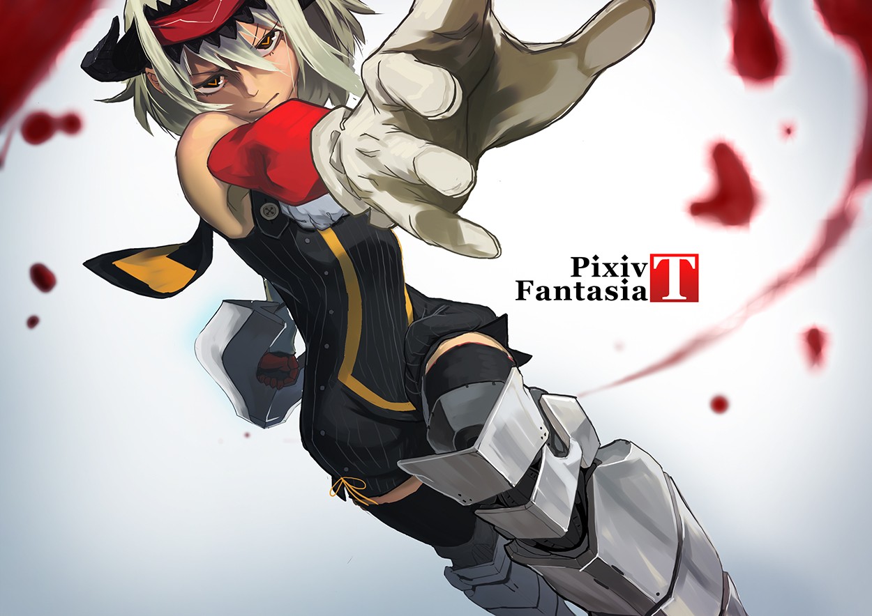 Anime 1250x884 anime girls anime Pixiv Fantasia armor gloves simple background white background angry