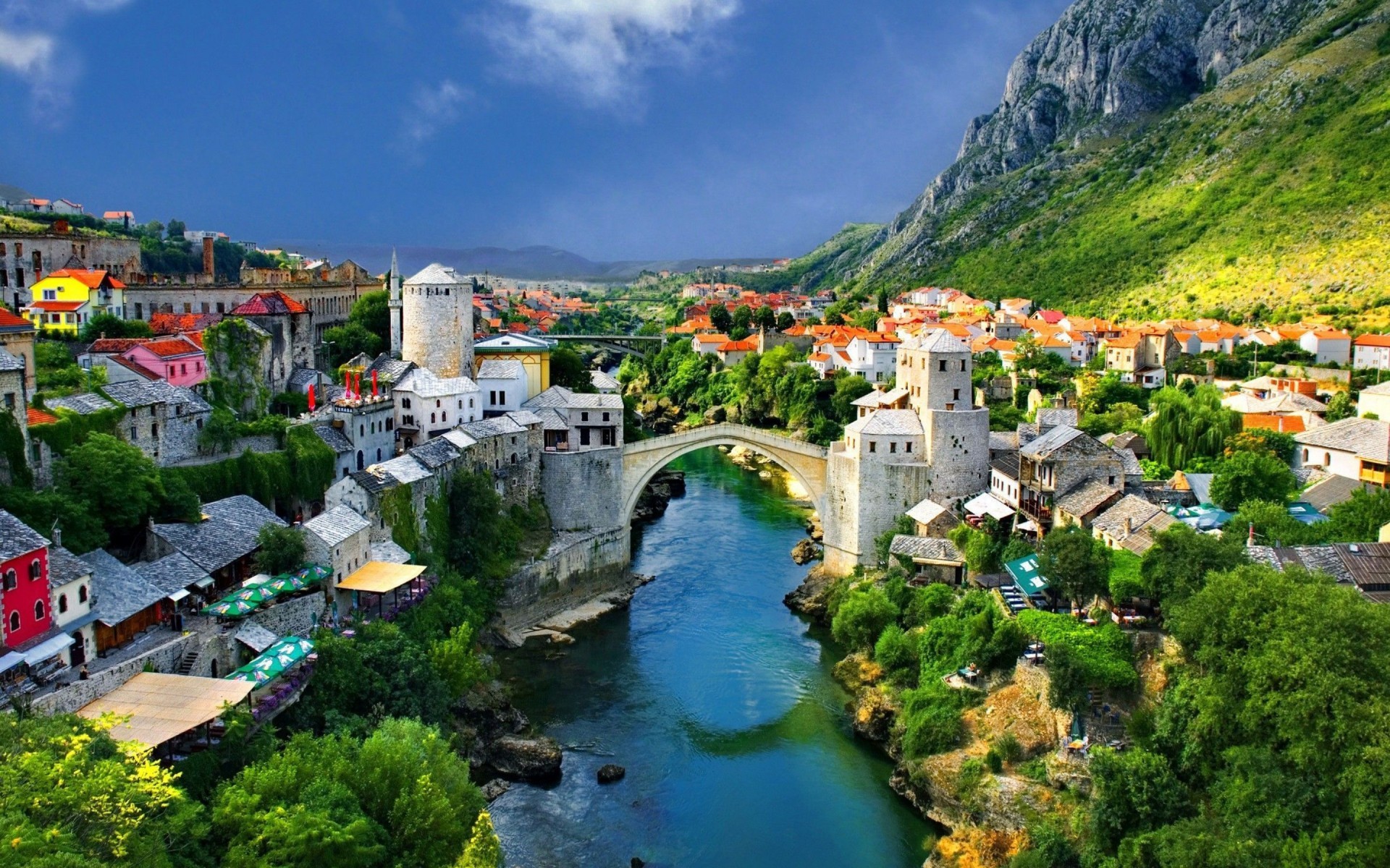 General 1920x1200 city cityscape Bosnia bridge river Stari Most architecture Mostar mountains Bosnia and Herzegovina