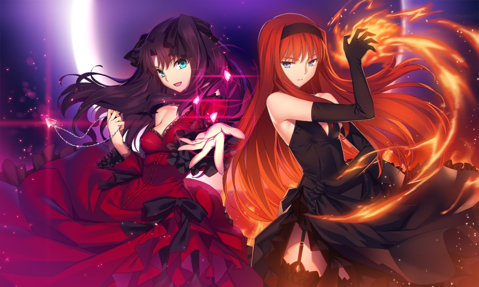 Anime 1920x1152 anime girls Tohsaka Rin Fate series Tohno Akiha Tsukihime anime two women redhead magic fire