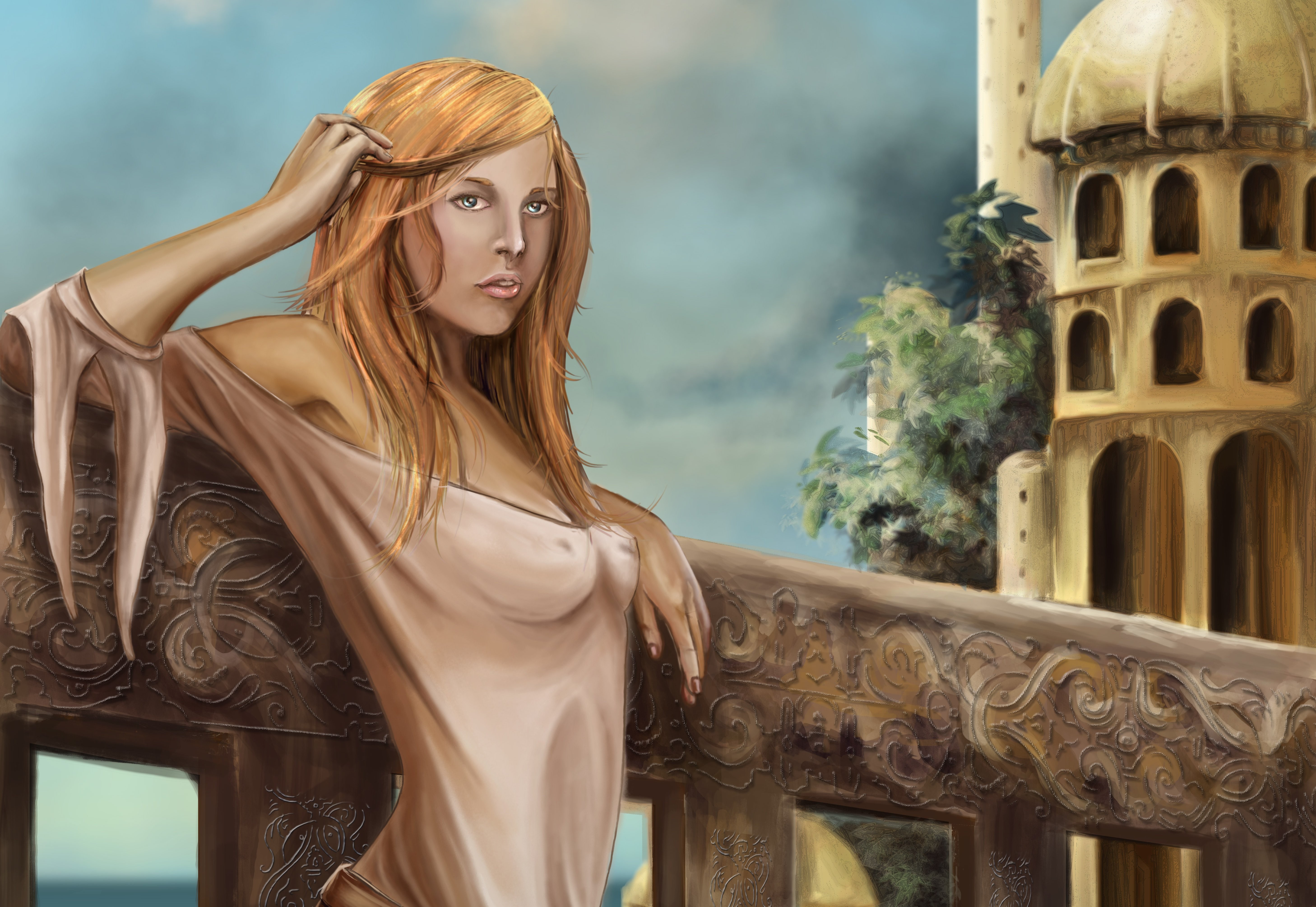 General 5832x4022 women artwork Aviendha The Wheel of Time fantasy art boobs blonde arms up leaning looking into the distance fantasy girl
