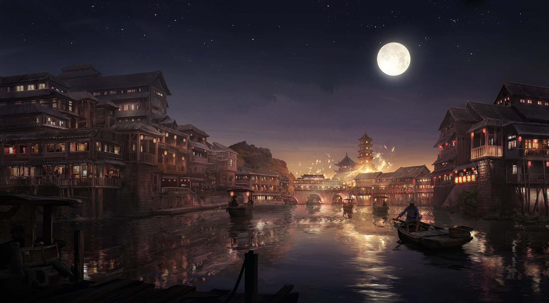General 1920x1062 Asia fantasy city Moon night sky artwork