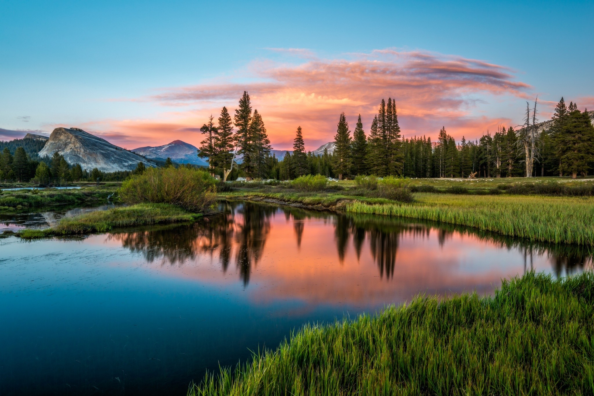 General 2048x1367 landscape nature sunset river forest mountains water clouds grass blue green pink trees reflection Linux