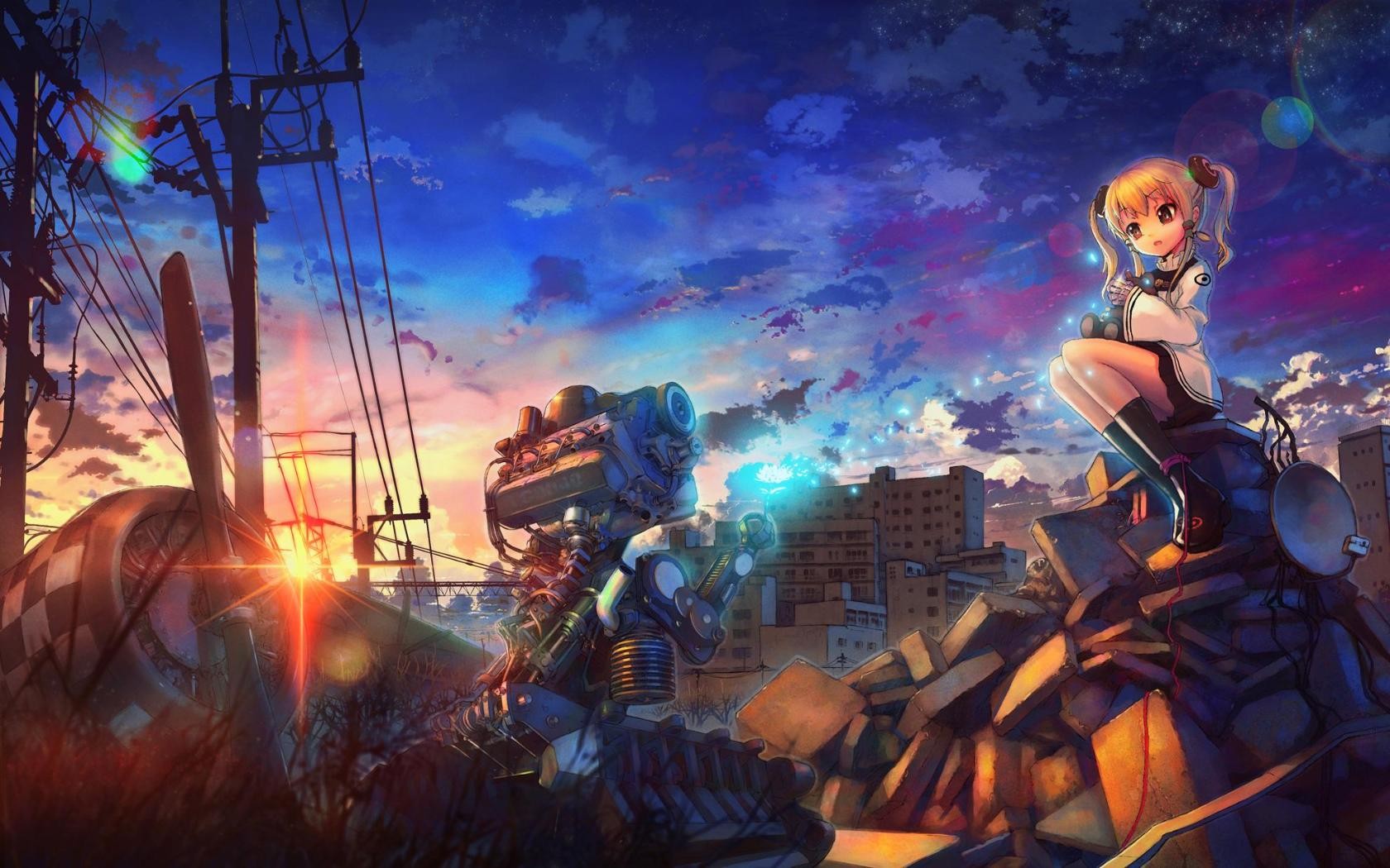 Anime 1680x1050 anime girls lens flare sunset clouds power lines legs together sky blonde sunlight twintails sunset glow