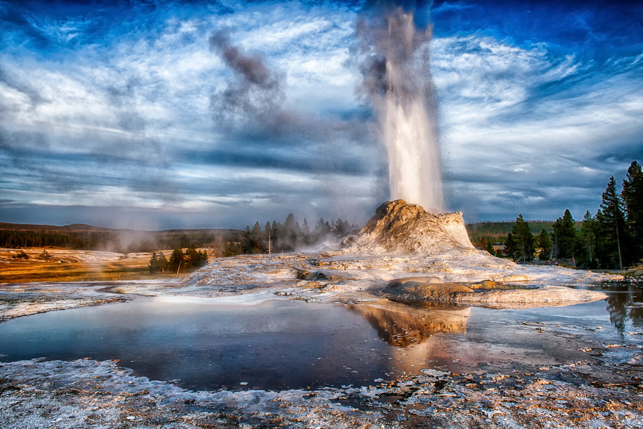 General 2048x1366 nature landscape trees geysers water Wyoming USA water drops splashes rocks HDR clouds forest reflection Yellowstone National Park