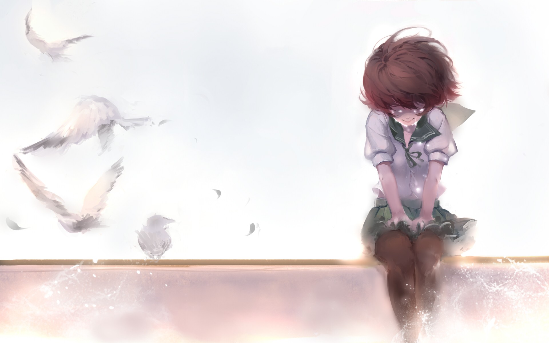 Anime 1920x1200 Kantai Collection anime anime girls school uniform birds crying Mutsuki (KanColle)