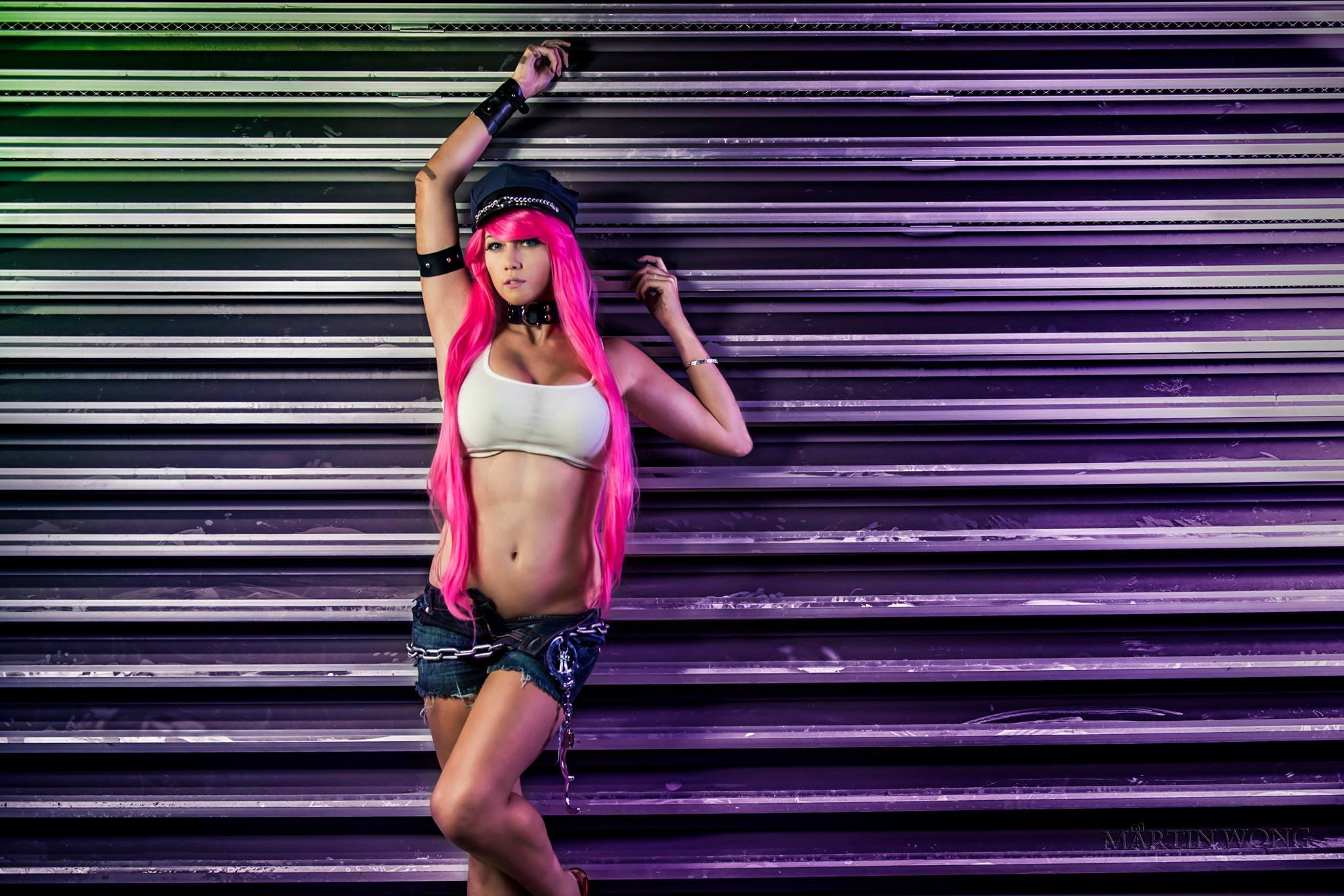 People 2048x1366 metal big boobs belly Poison dyed hair cosplay boobs jeans arms up Lindsay Elyse Street Fighter women Martin Wong pink hair standing
