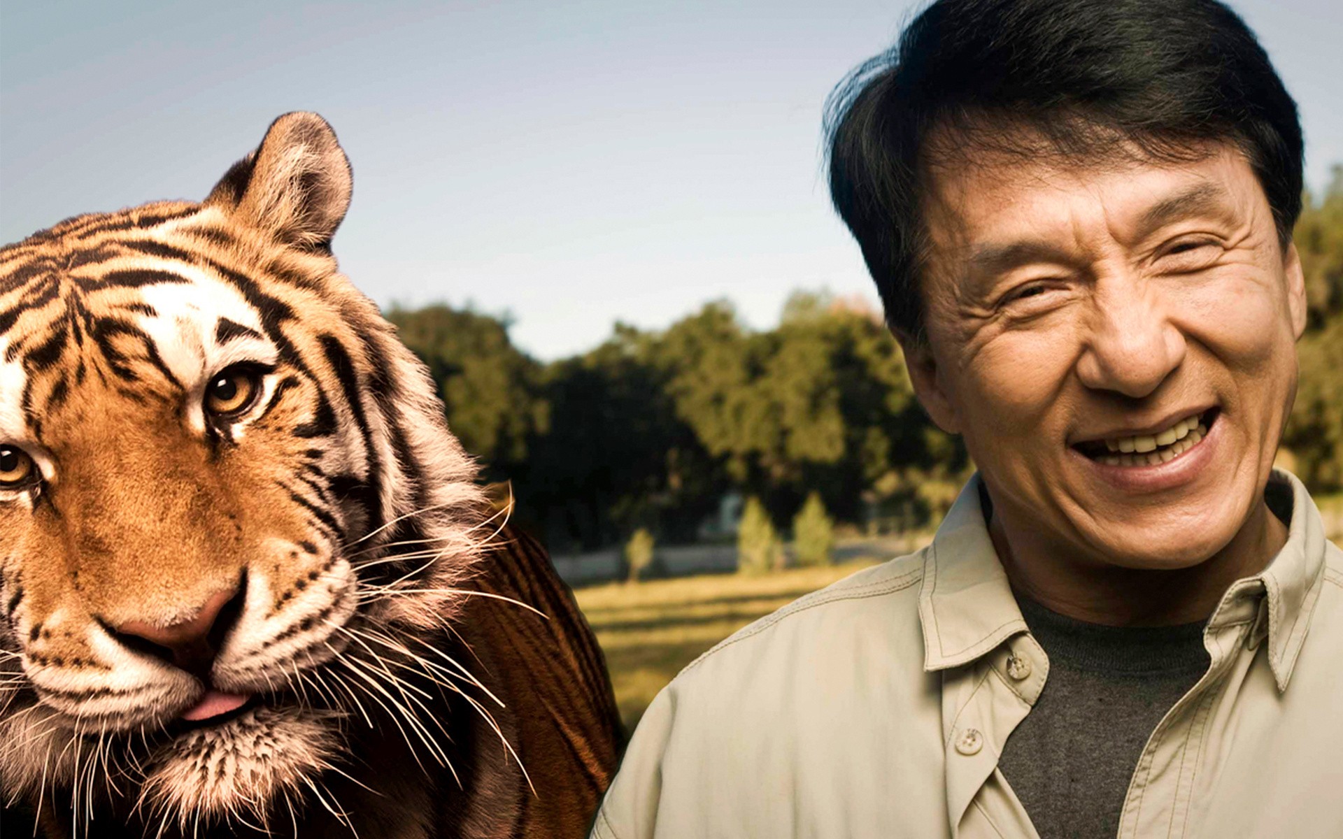 People 1920x1200 men actor Jackie Chan smiling animals tiger photo manipulation humor mammals big cats