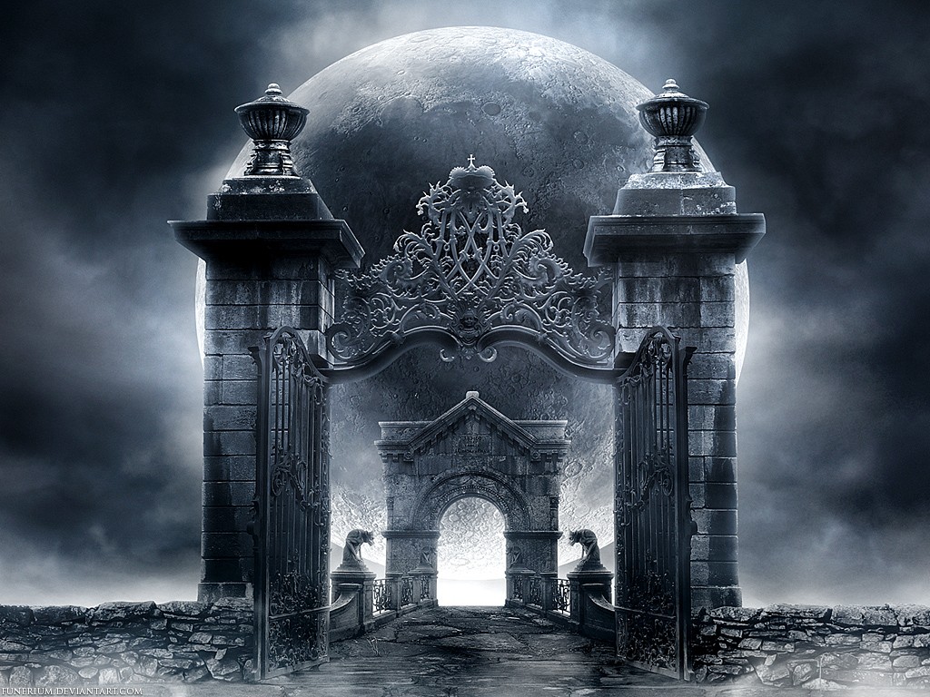 General 1024x768 fantasy art gates gargoyles Moon digital art artwork