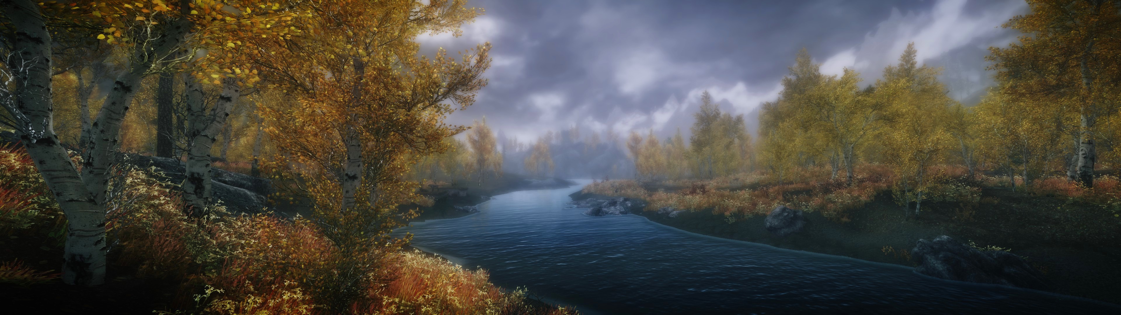 General 3840x1080 The Elder Scrolls V: Skyrim nature landscape multiple display RPG river video games PC gaming screen shot