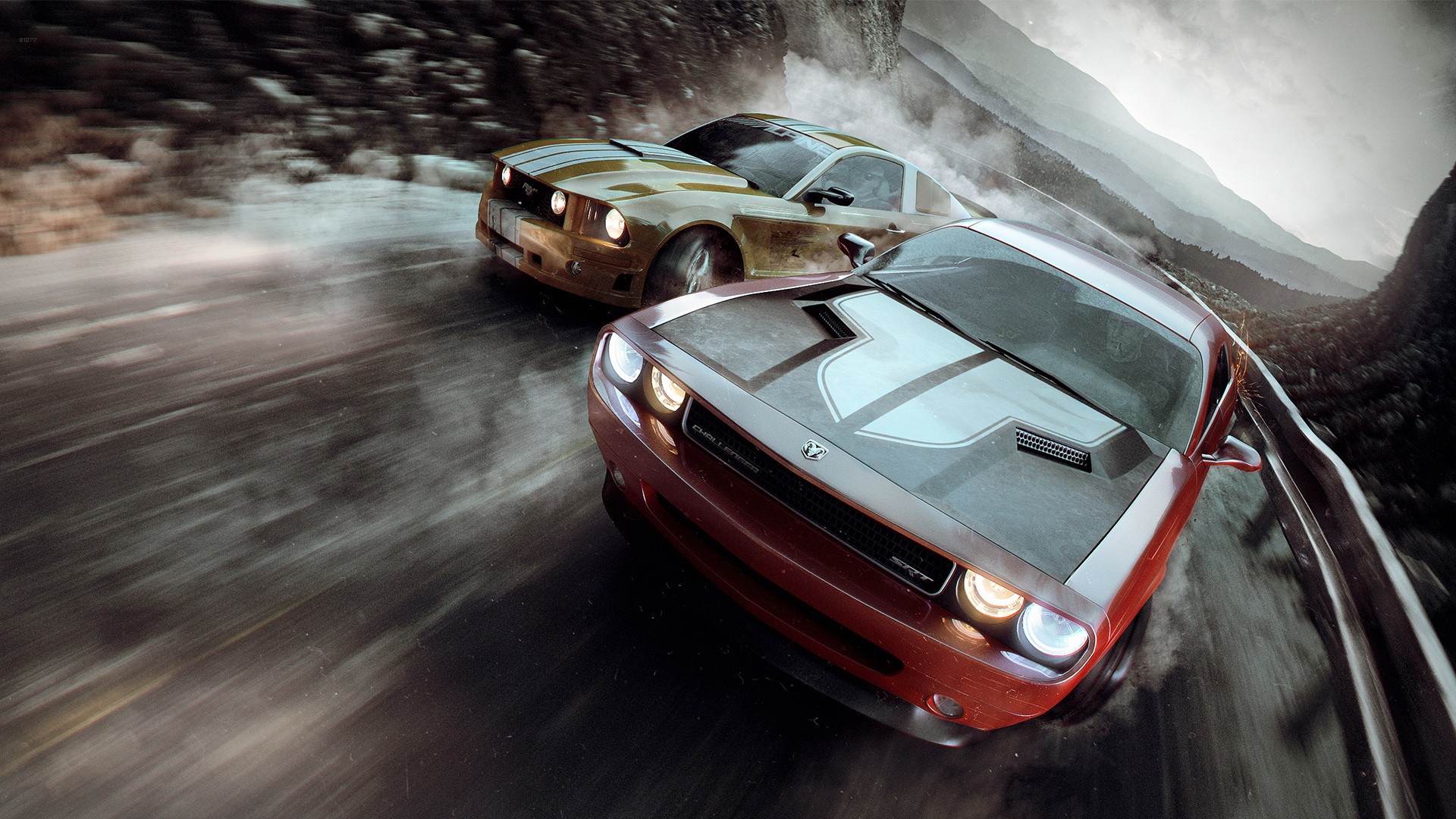 General 1920x1080 road Dodge Challenger Ford Mustang racing stripes dutch tilt racing car Ford Mustang S-197 Ford Dodge muscle cars American cars Stellantis